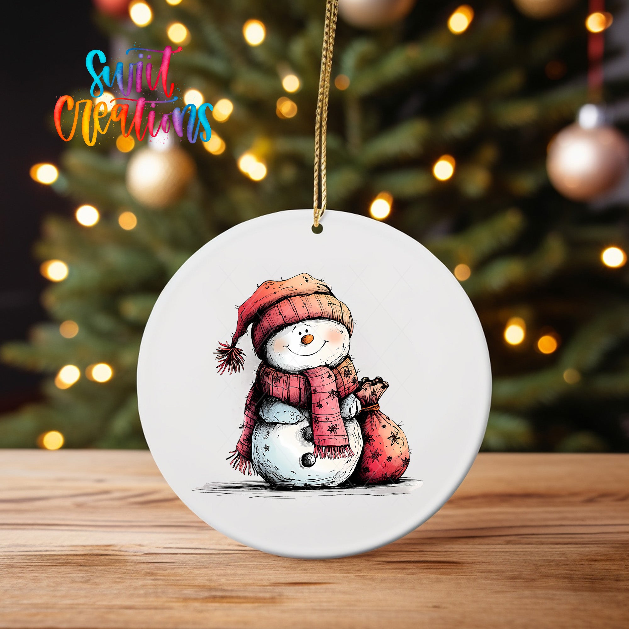 A white ceramic ornament featuring a snowman with a red scarf and hat, sitting on a wooden surface in front of a blurred Christmas tree with twinkling lights.