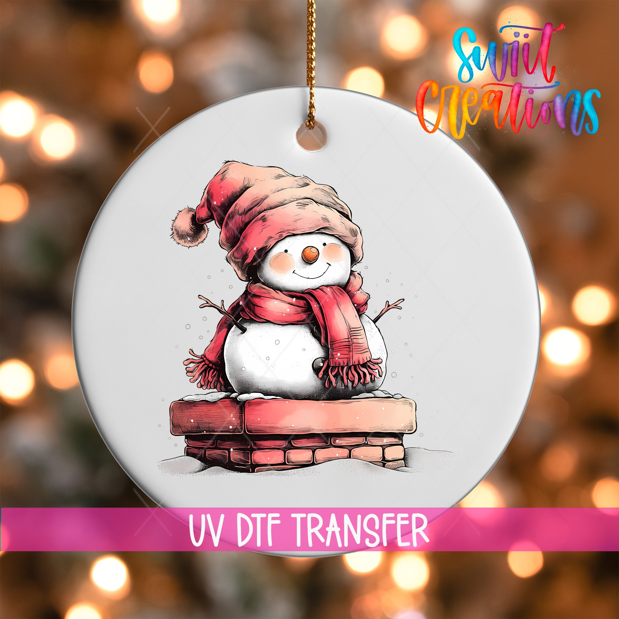 A snowman ornament with a red scarf and hat, sitting on a brick chimney, is hanging against a background of colorful lights.
