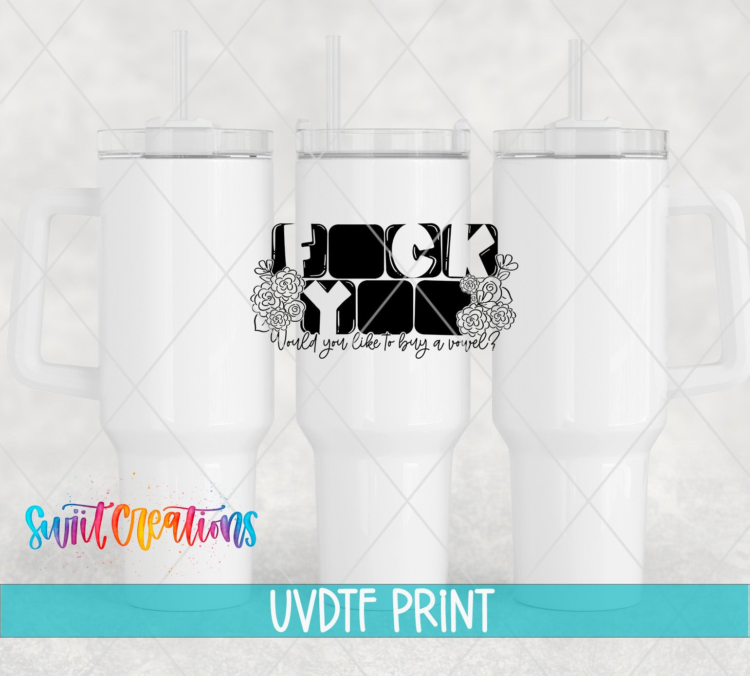 three white tumblers with a stylized text design on them.