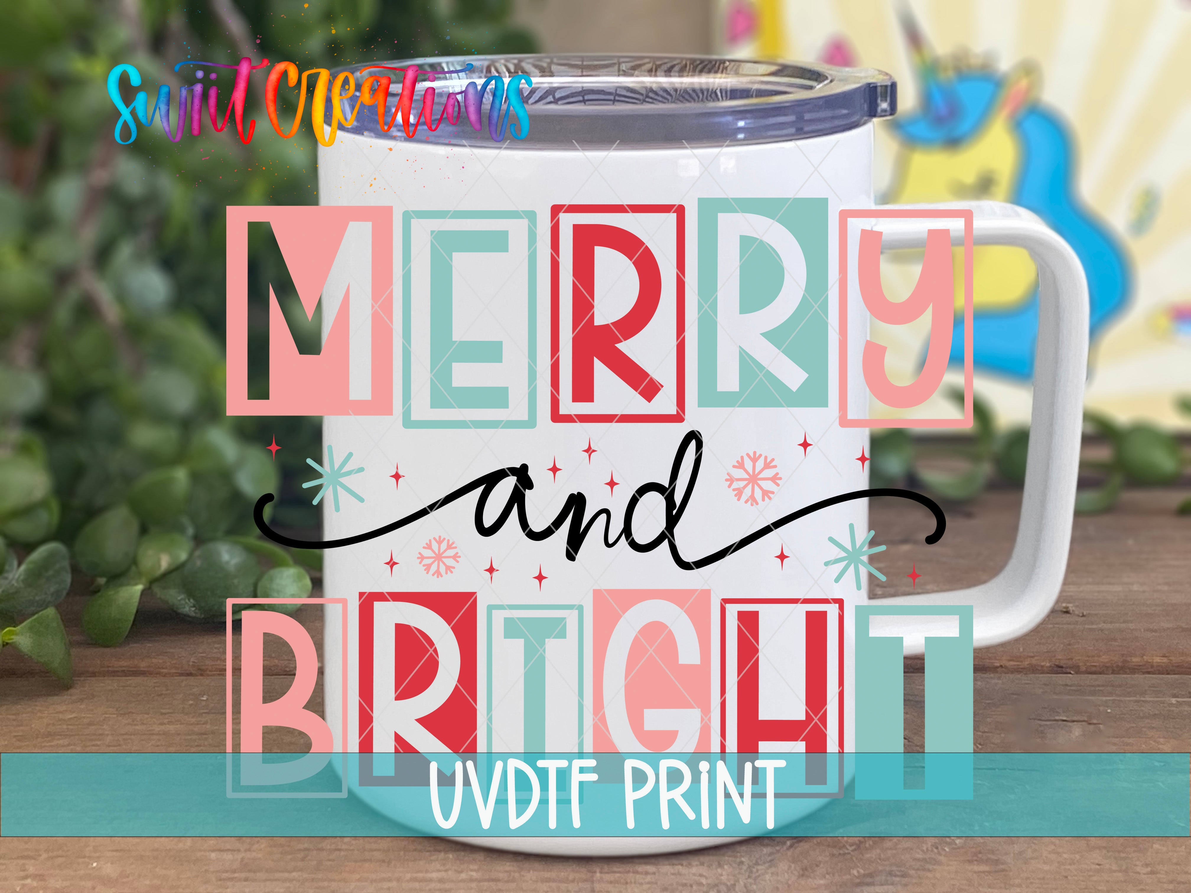a merry and bright coffee mug with the words merry and bright on it