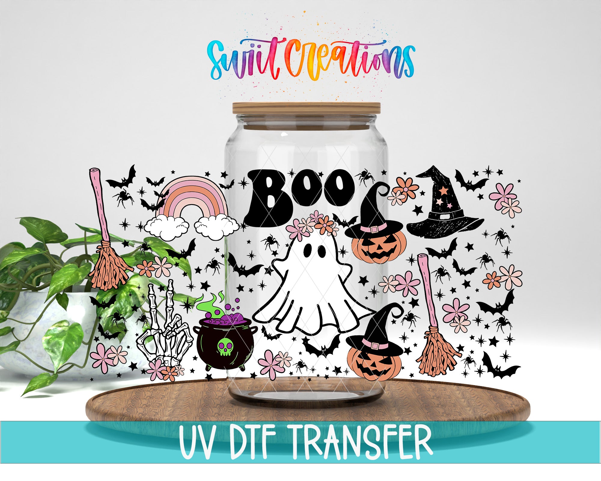 The image is a Halloween-themed collage featuring various spooky and festive elements such as a ghost, a witch's hat, a pumpkin, a broomstick, a cauldron, and a rainbow. The text "Swit Creations" is written above the collage, and the phrase "UV Dtf Transfer" is written at the bottom of the image.