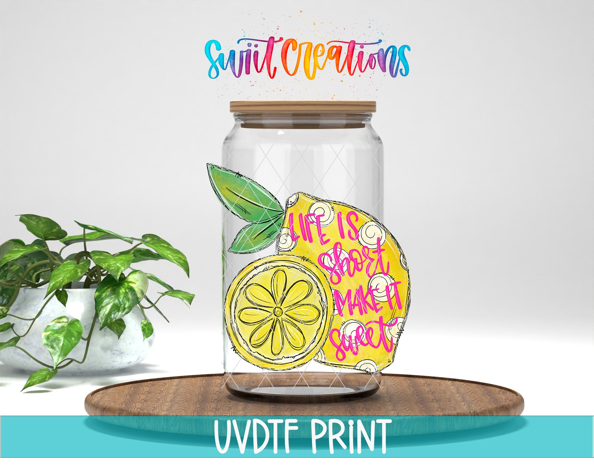 a glass jar with a lemon on it