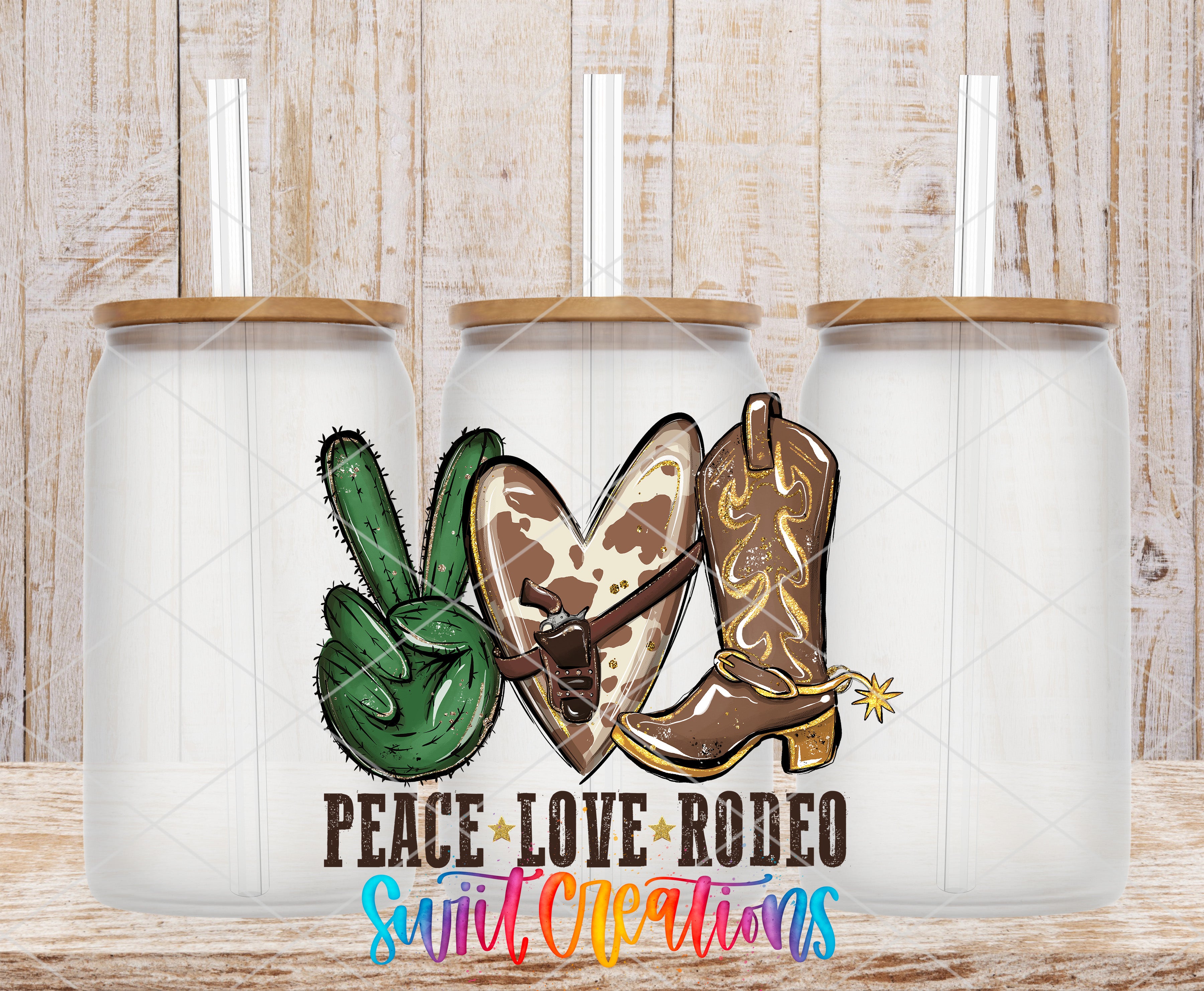 Swiit Creations UV DTF Peace Love Rodeo Western transfer shown on a clear glass can set