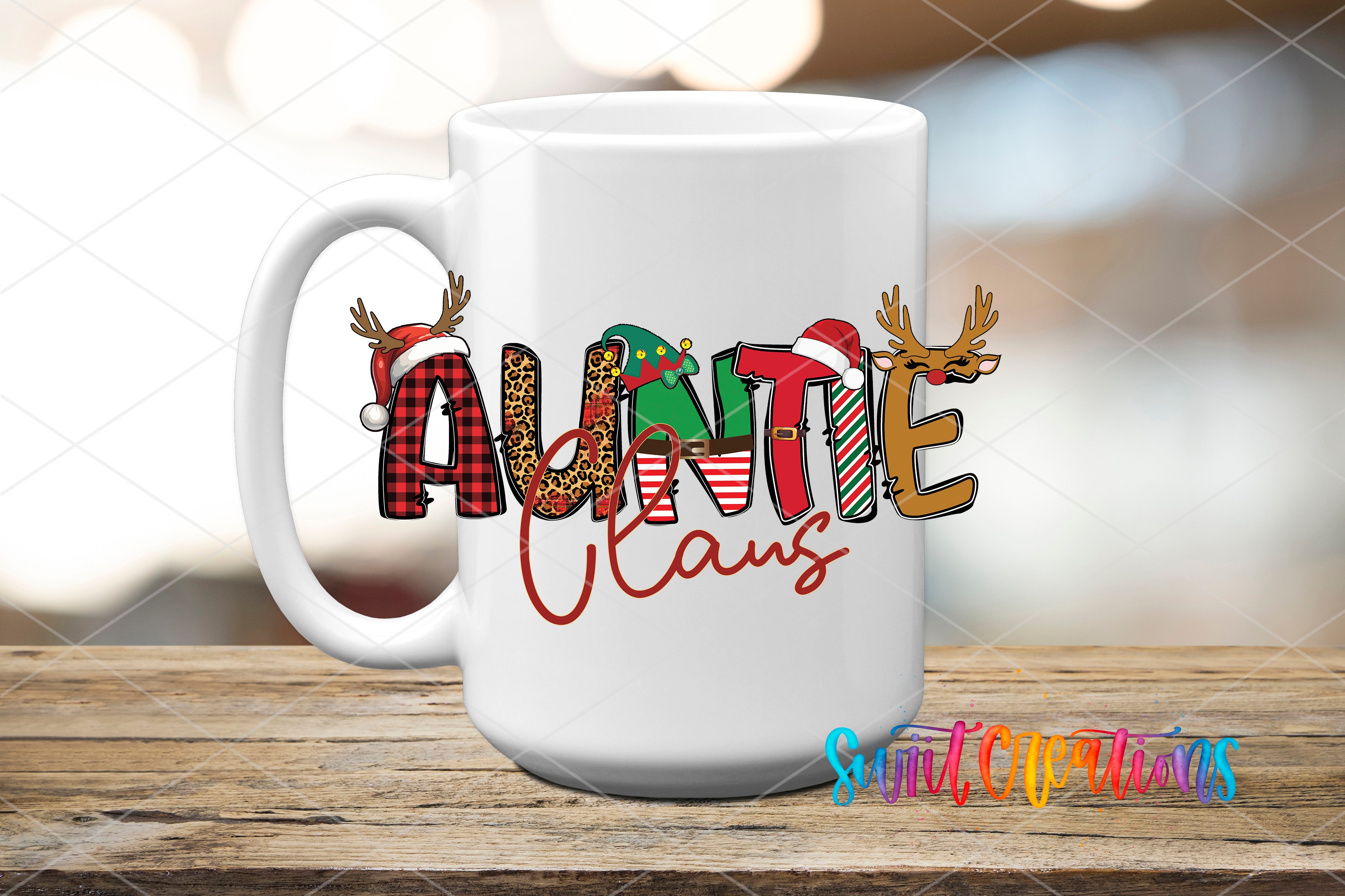 A white mug with the text "Auntie Claus" printed on it, featuring various Christmas-themed elements such as reindeer and snowflakes.