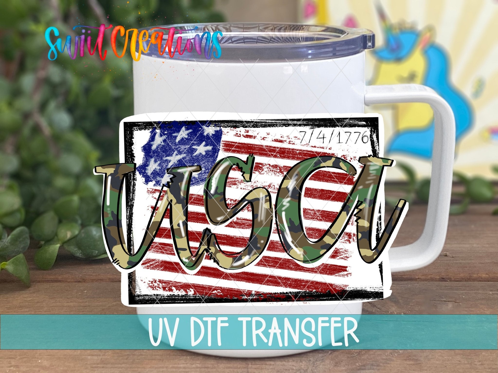 Swiit Creations Camo USA 1776 Flag UV DTF transfer displayed on a white coffee mug