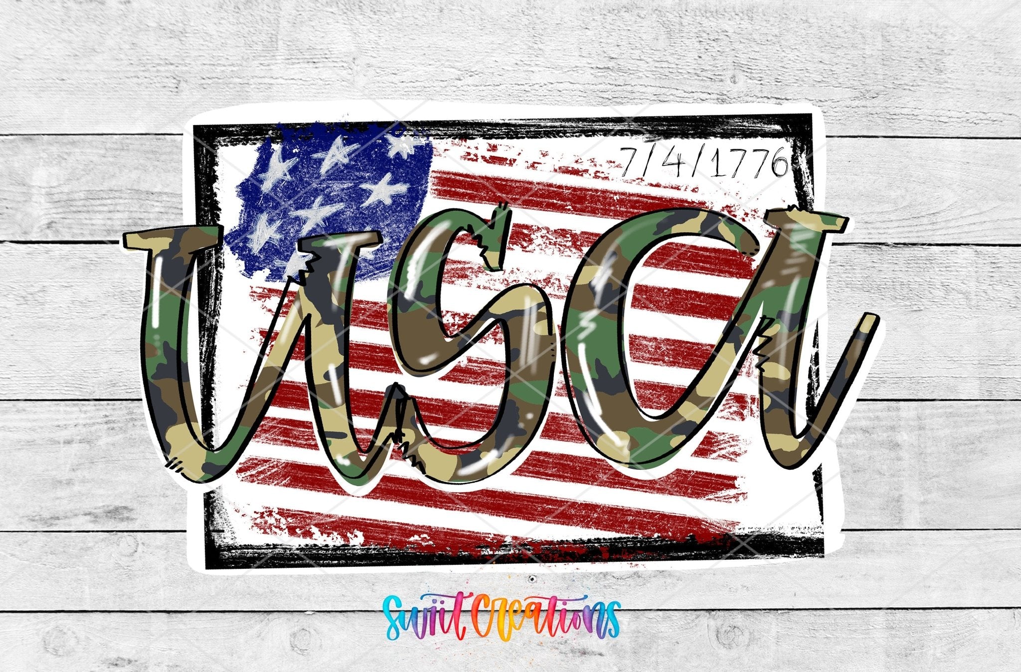 Camo USA 1776 Flag camouflage lettering and distressed flag UV DTF transfer artwork by Swiit Creations