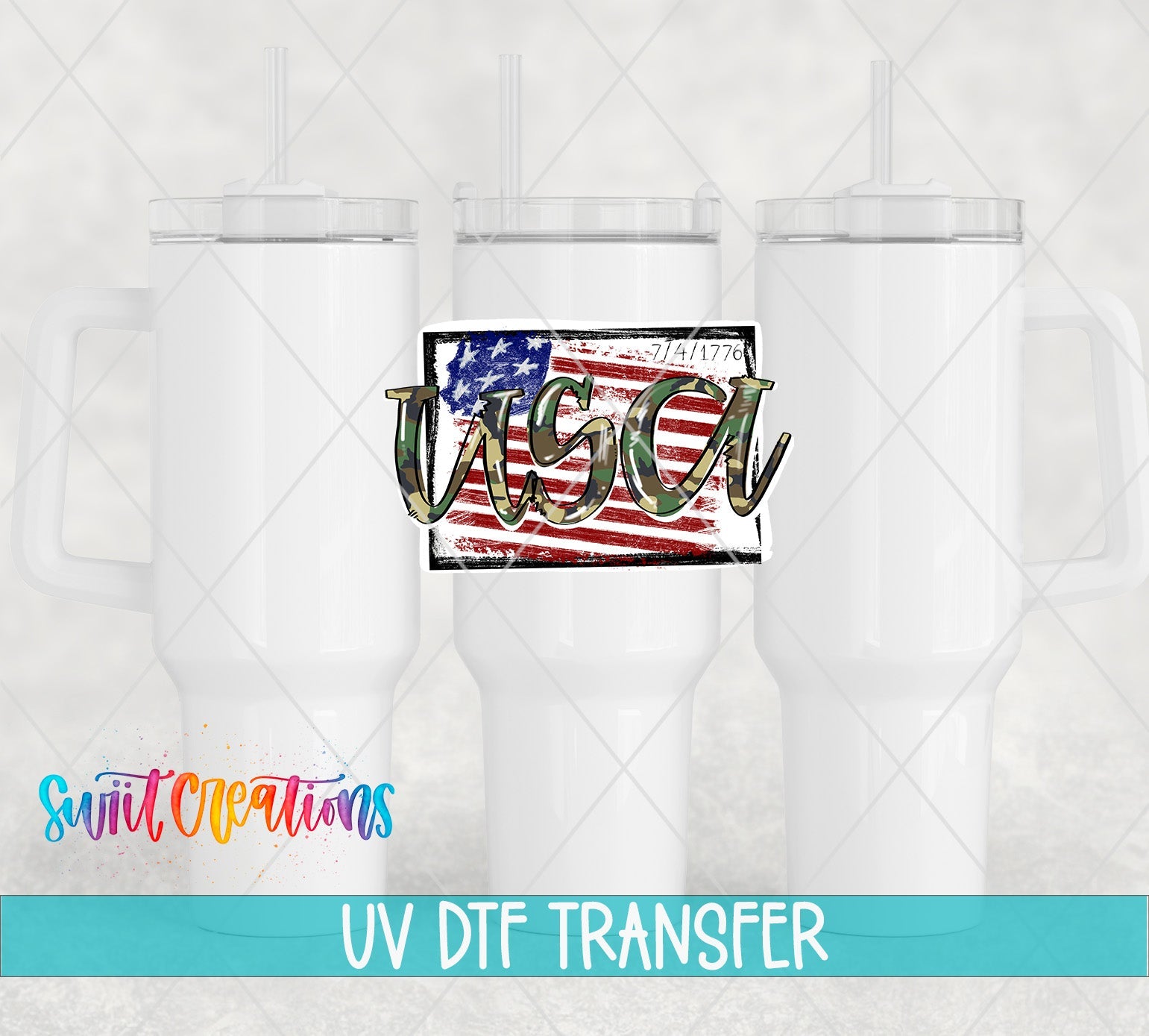 Three white tumblers featuring the Camo USA 1776 Flag UV DTF transfer by Swiit Creations