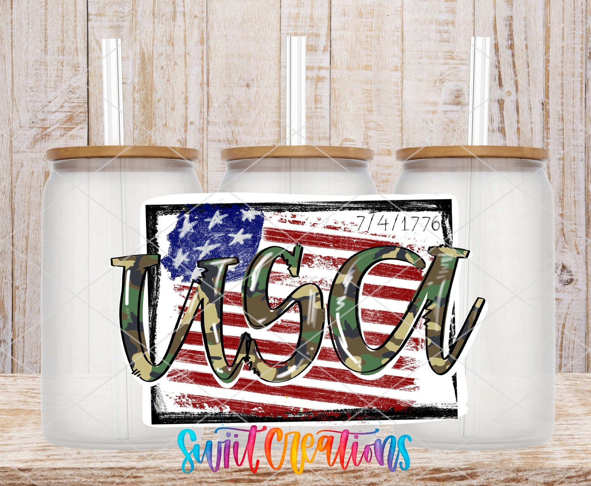Three clear glass cans with the Camo USA 1776 Flag UV DTF transfer by Swiit Creations