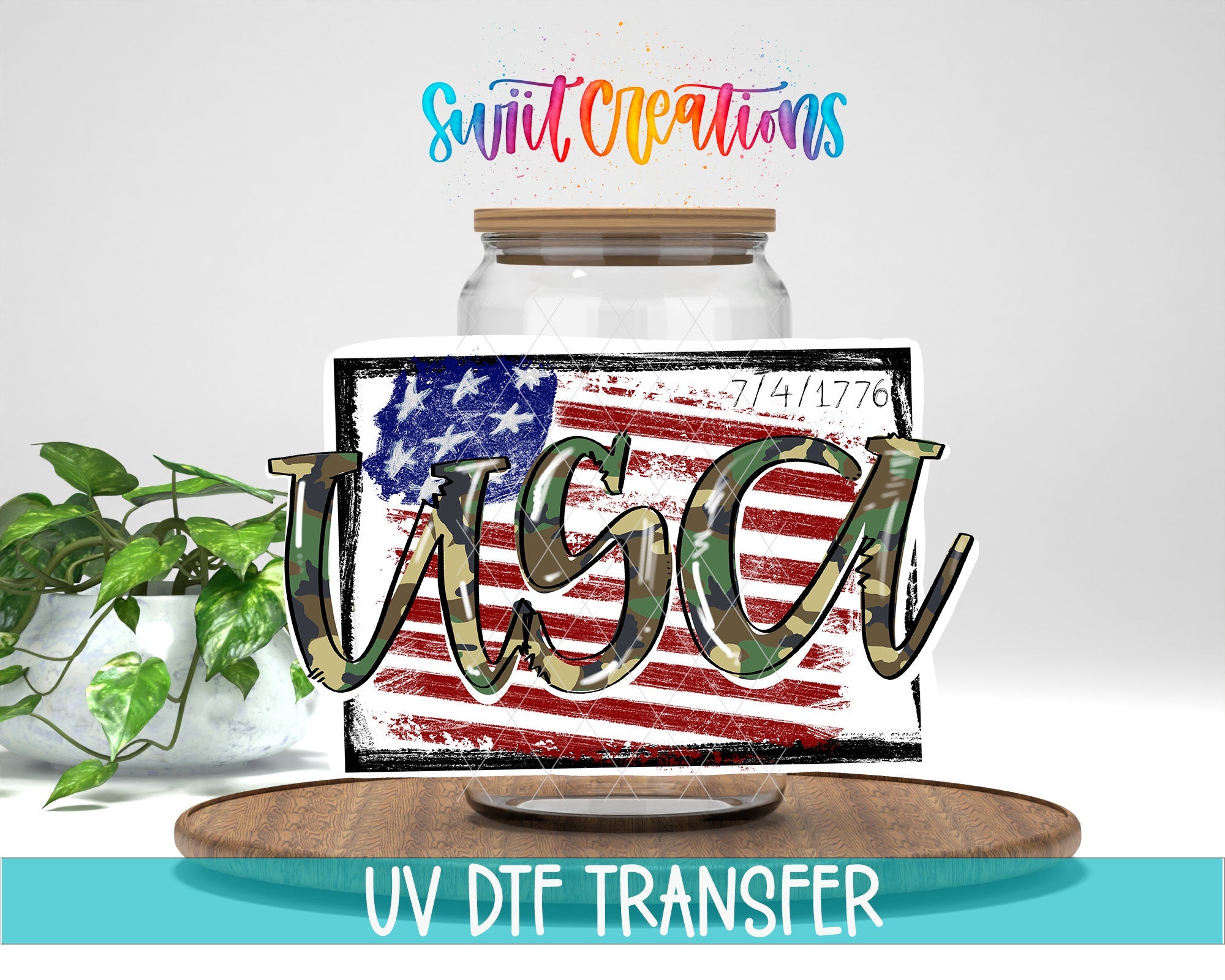 Swiit Creations Camo USA 1776 Flag UV DTF transfer displayed on a clear glass jar mockup