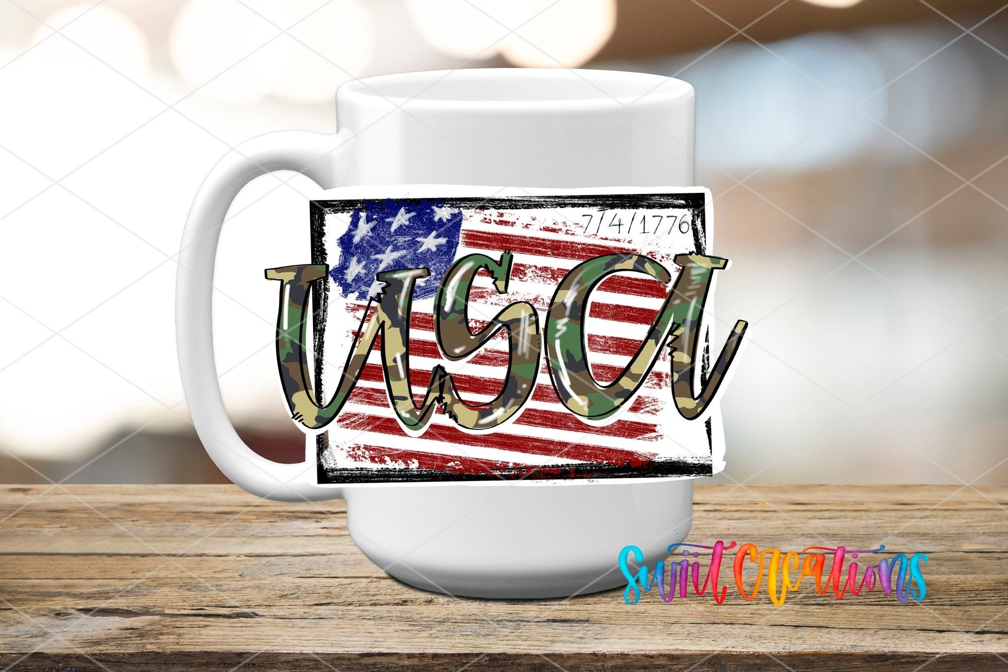 White ceramic mug mockup with the Swiit Creations Camo USA 1776 Flag UV DTF transfer