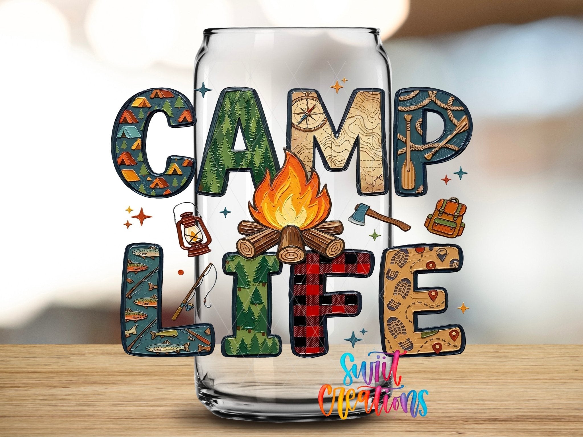 Camp Life UV DTF transfer applied to a clear glass can from Swiit Creations