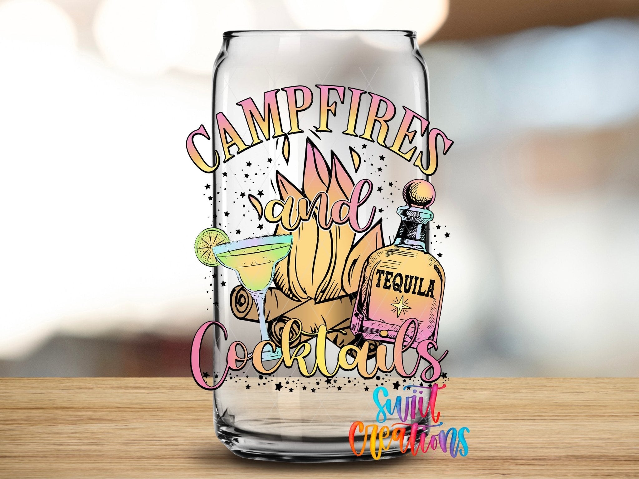 Campfires and Cocktails UV DTF transfer applied to a clear glass can from Swiit Creations