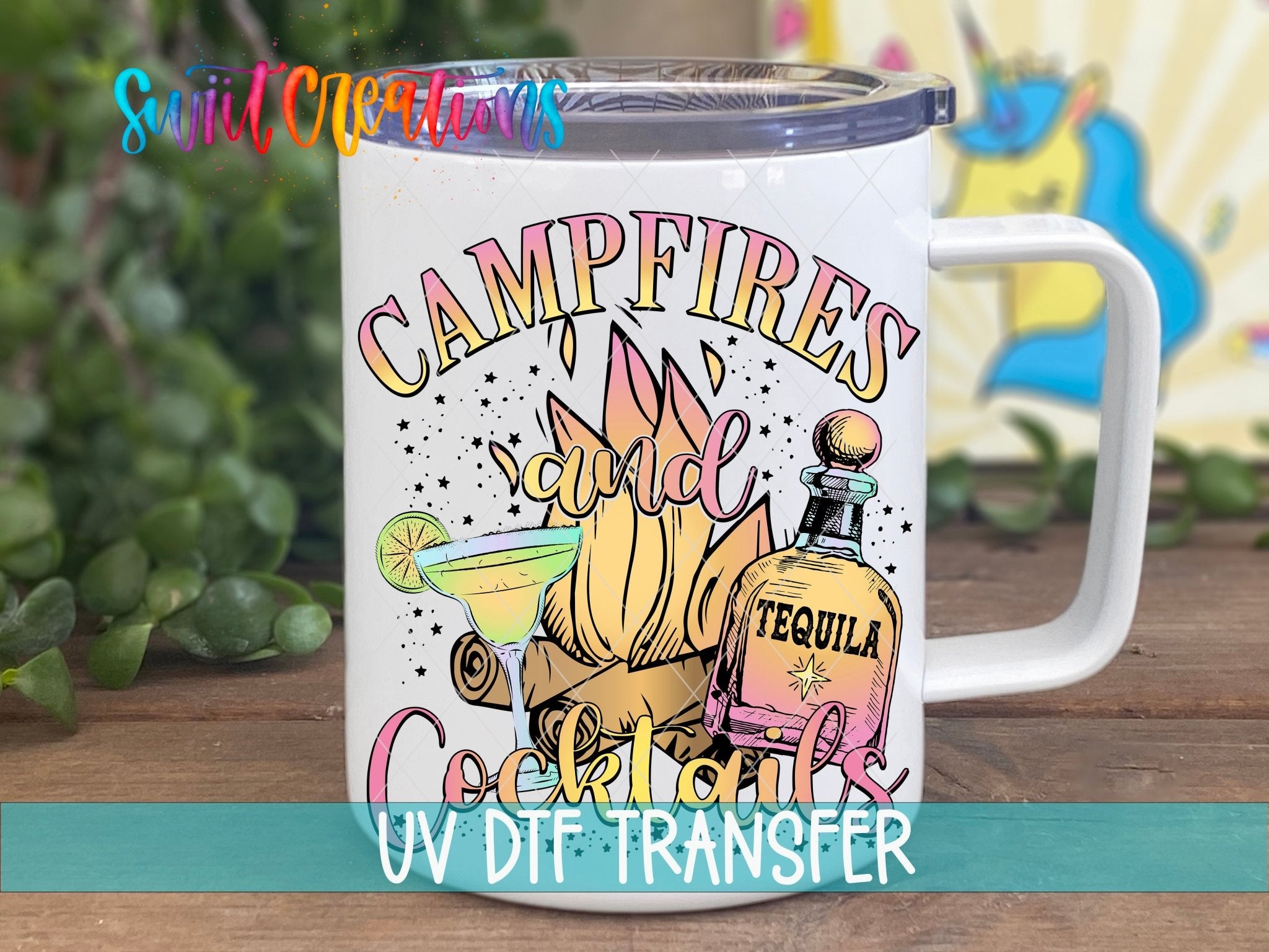 Campfires and Cocktails UV DTF transfer displayed on a white coffee mug from Swiit Creations