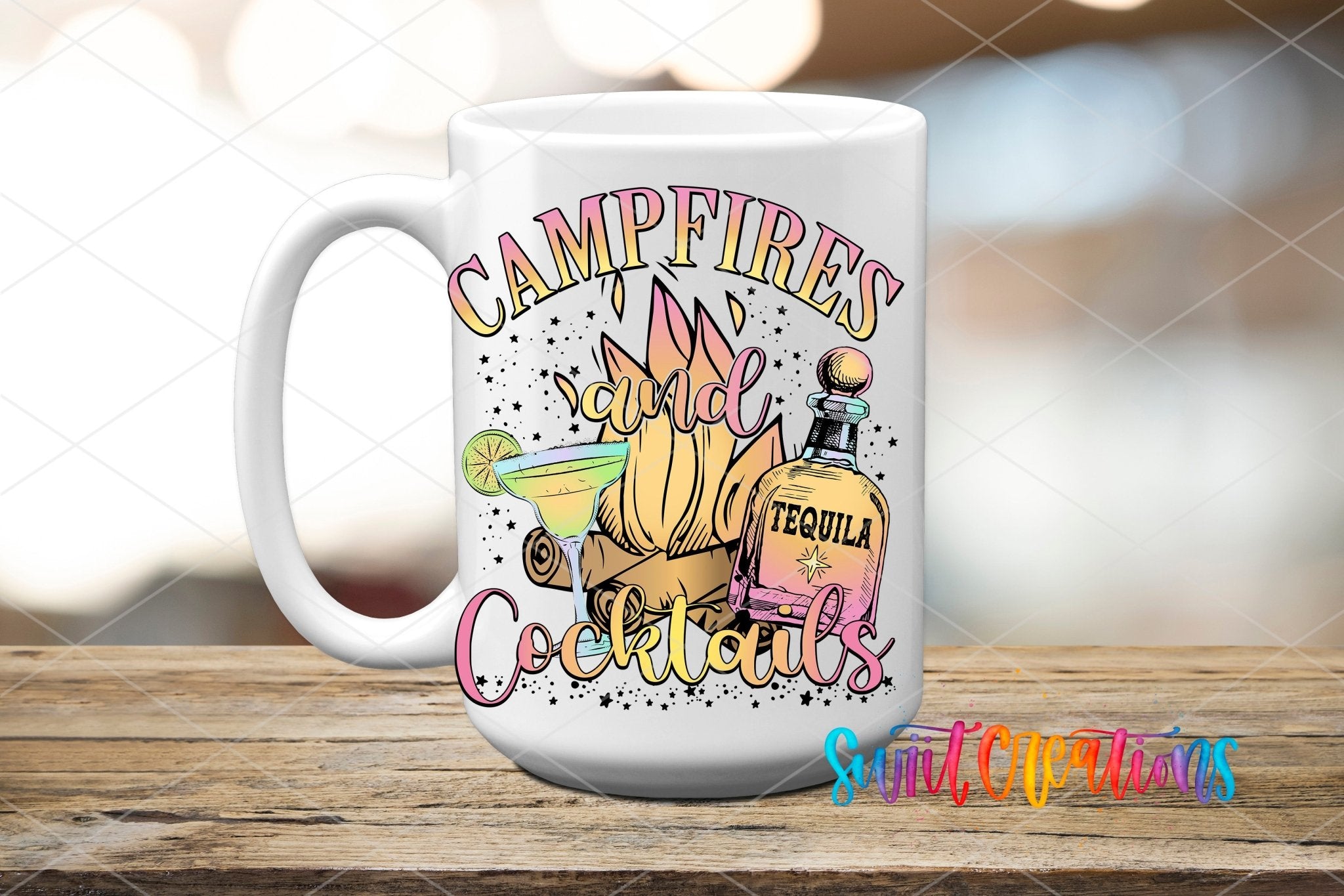 Campfires and Cocktails UV DTF transfer displayed on a white ceramic mug from Swiit Creations