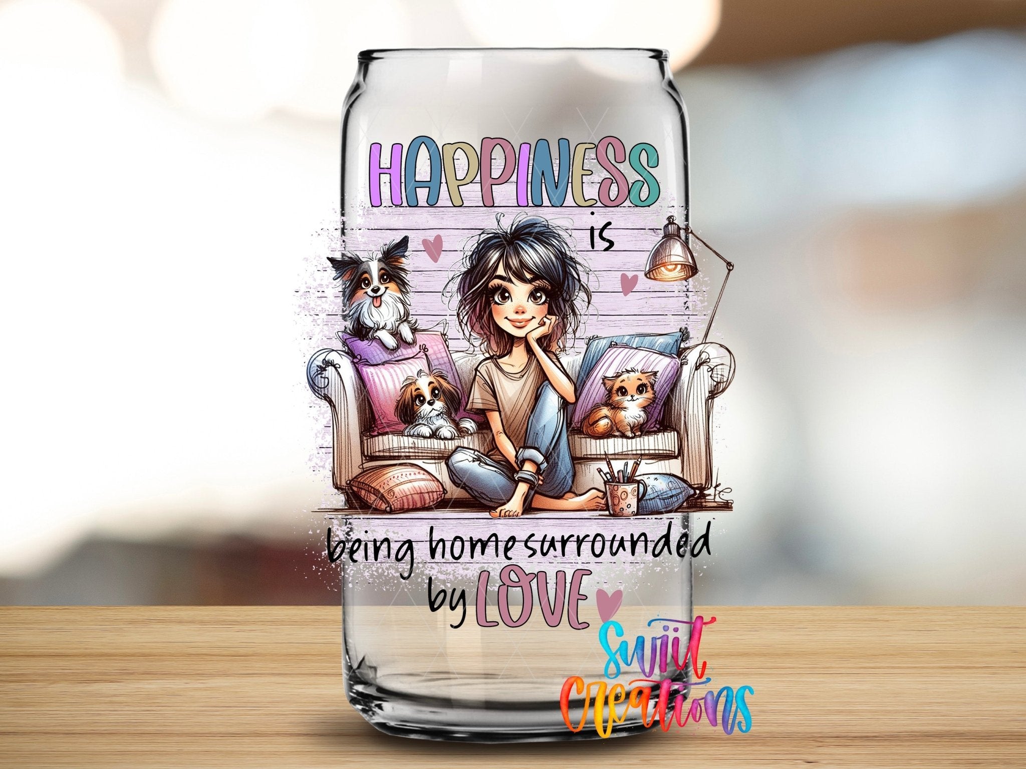 Swiit Creations UV DTF Cat Mom Fur Mama transfer applied to a clear glass can