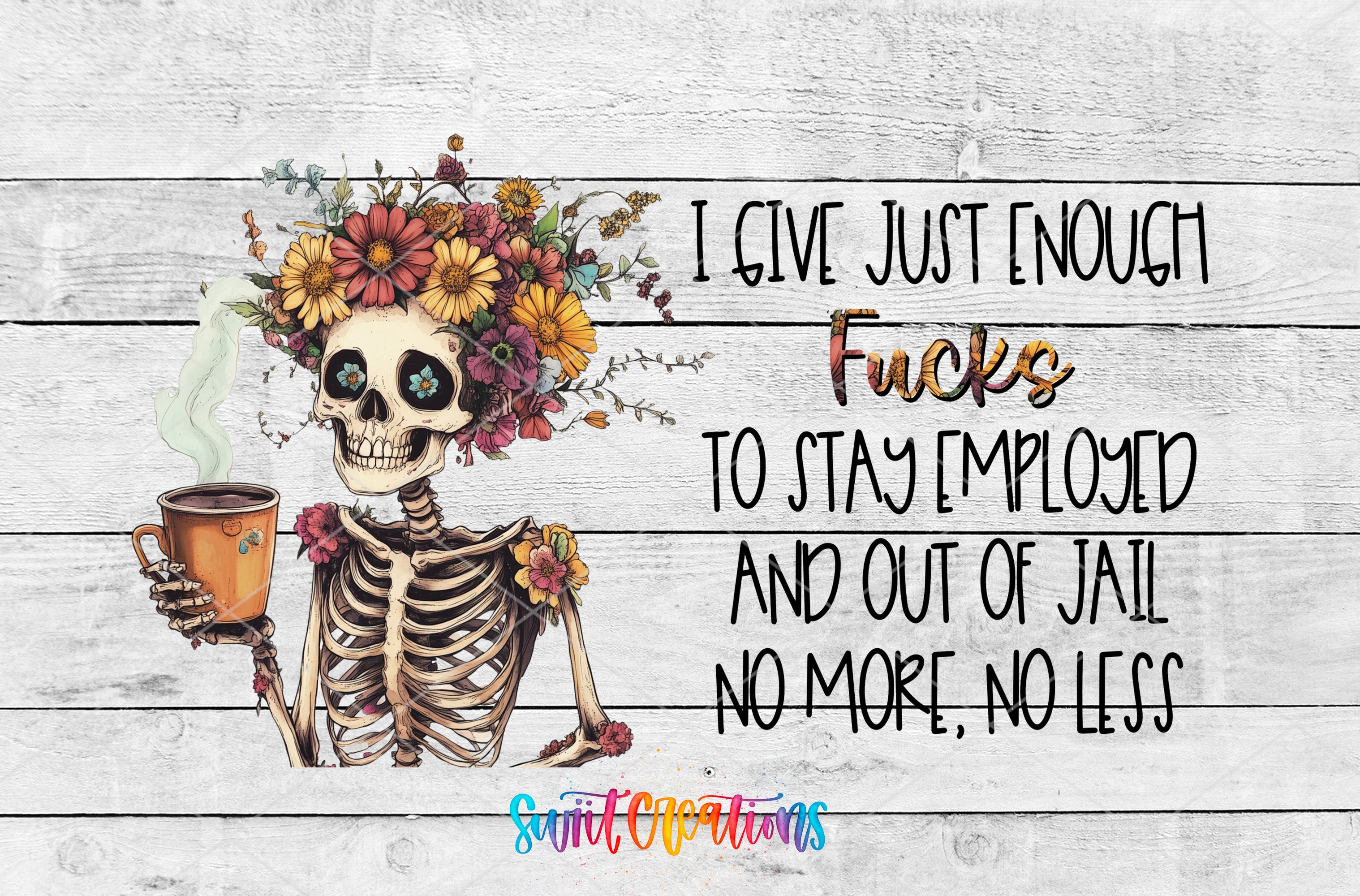 a skeleton holding a cup of coffee with flowers on it