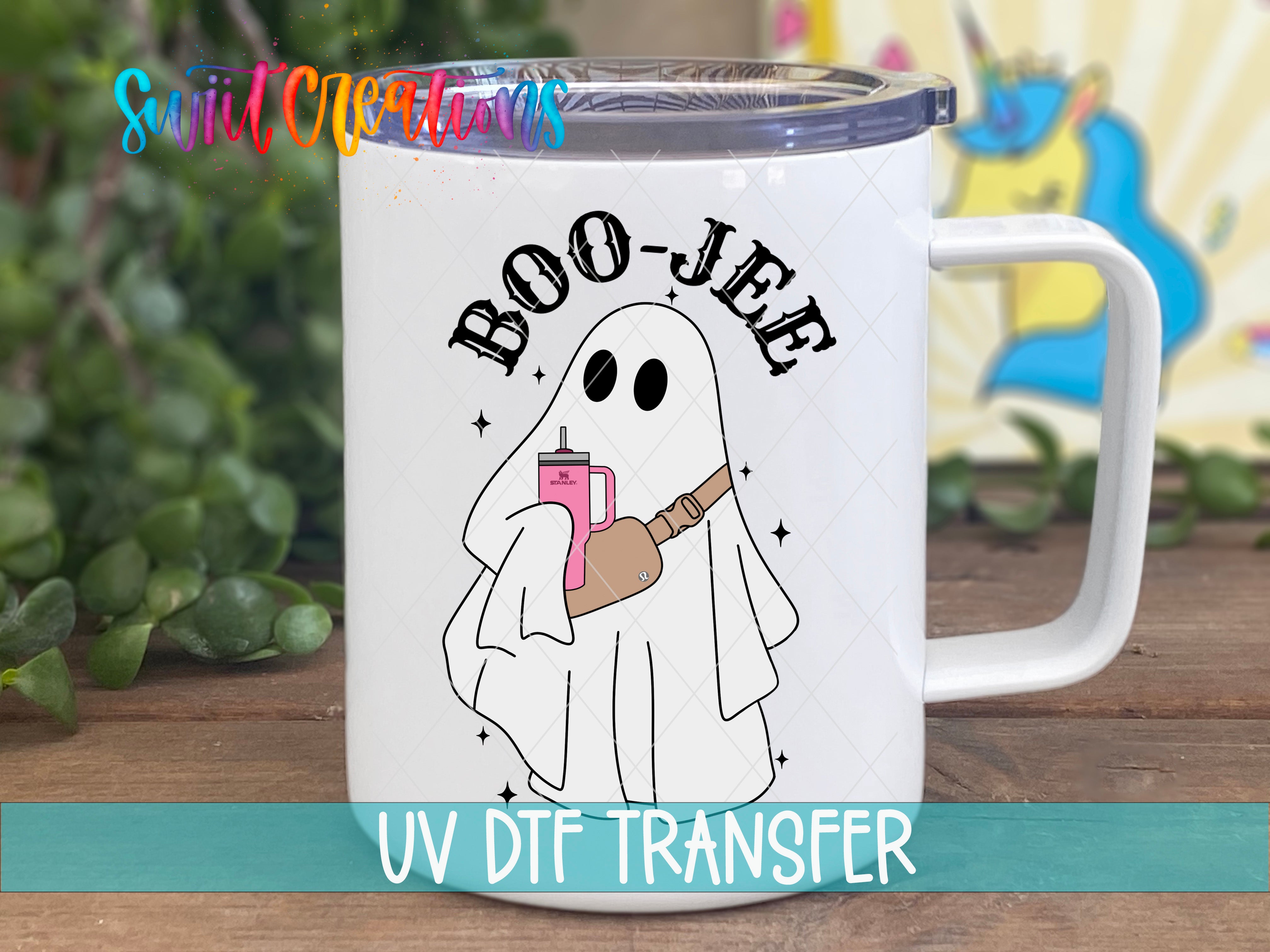 Swiit Creations UV DTF Boo-Jee transfer displayed on a white coffee mug