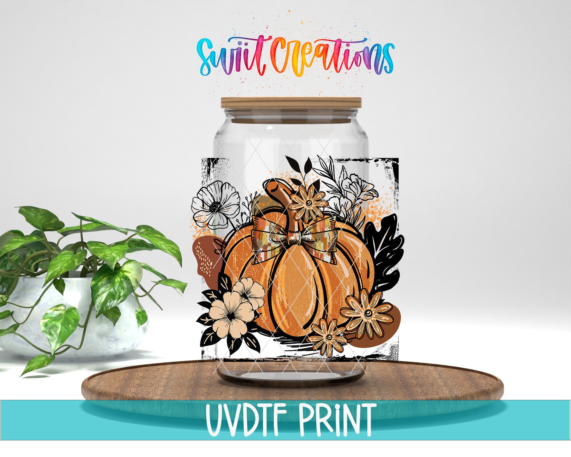 a glass jar with a floral design, placed on a wooden surface. The jar is surrounded by various flowers and leaves, creating a decorative arrangement. The background of the image is white, which contrasts with the colorful floral design.