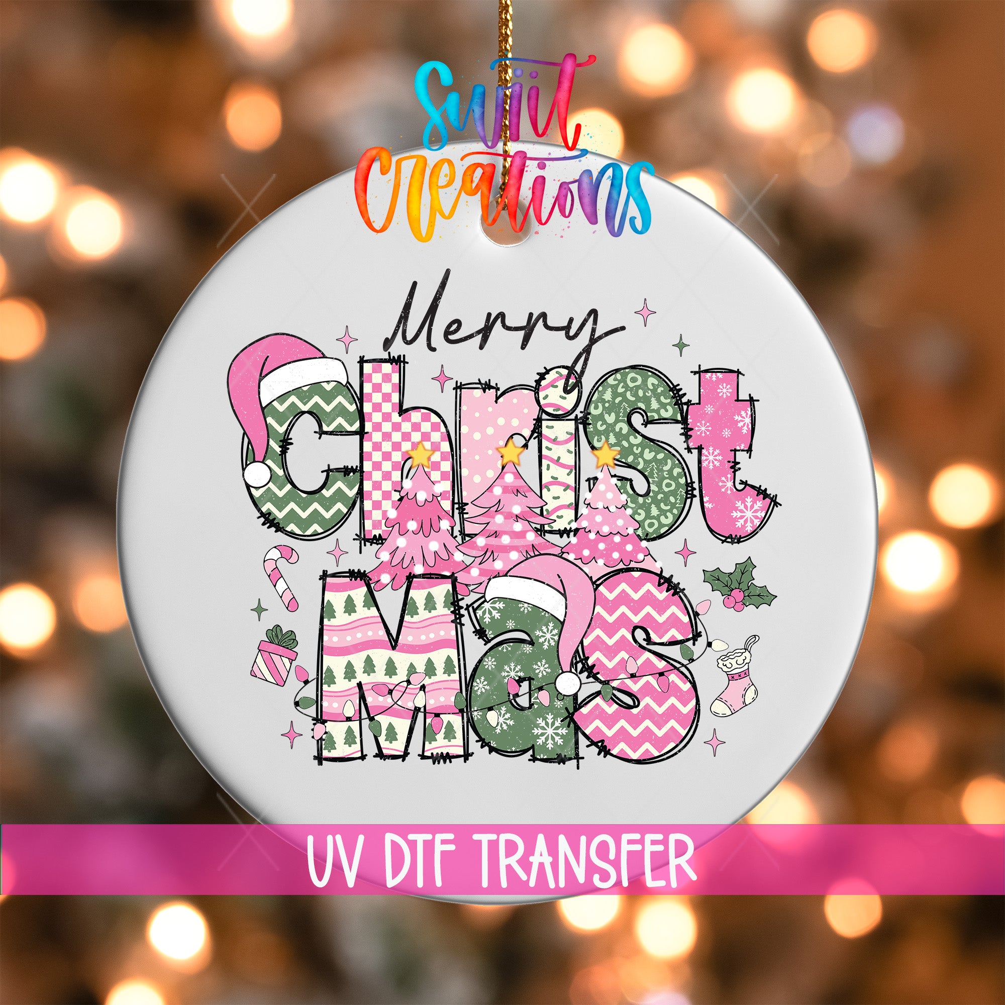 A Christmas ornament with the text "Merry Christmas" and various Christmas-themed elements such as trees, stars, and snowflakes.