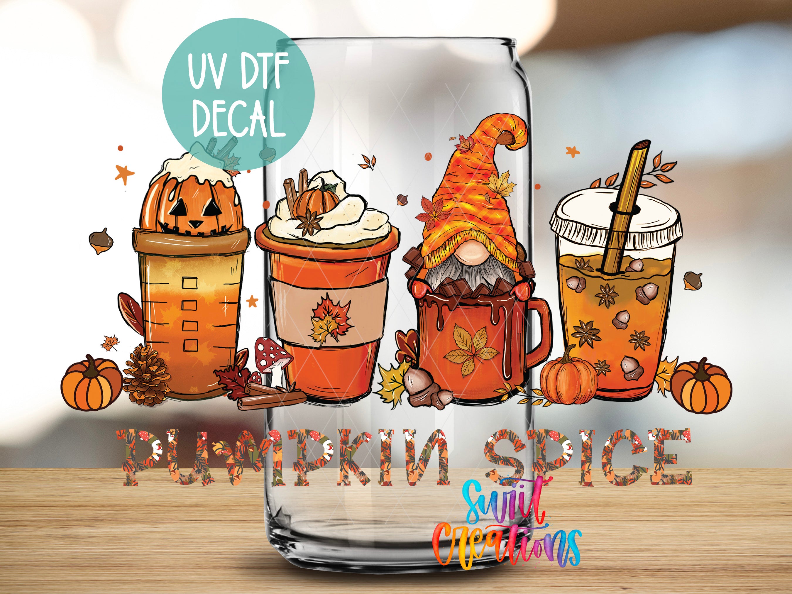 a glass with illustrations of four different drinks, including a pumpkin spice drink, surrounded by autumn-themed decorations such as pumpkins, leaves, and a gnome.