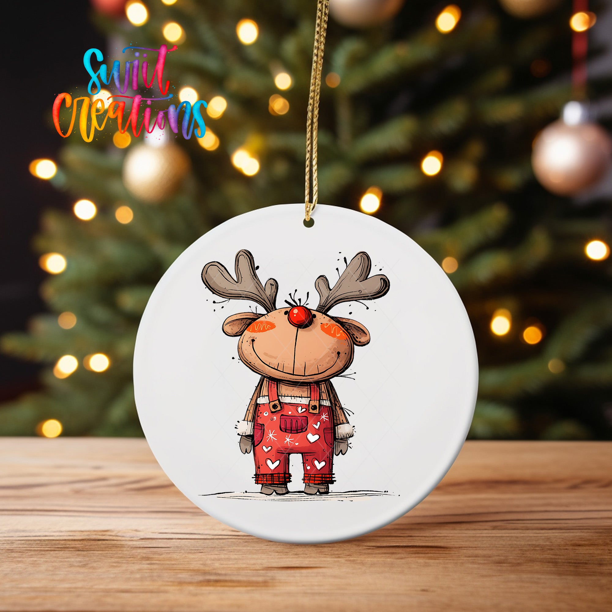 A white ornament featuring a cartoon reindeer with antlers and a red nose, hanging on a string.