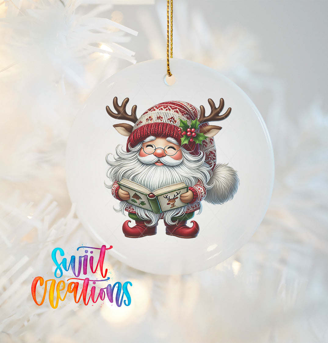 A white ornament featuring a smiling gnome wearing a red and white hat, holding a book, and wearing antlers.