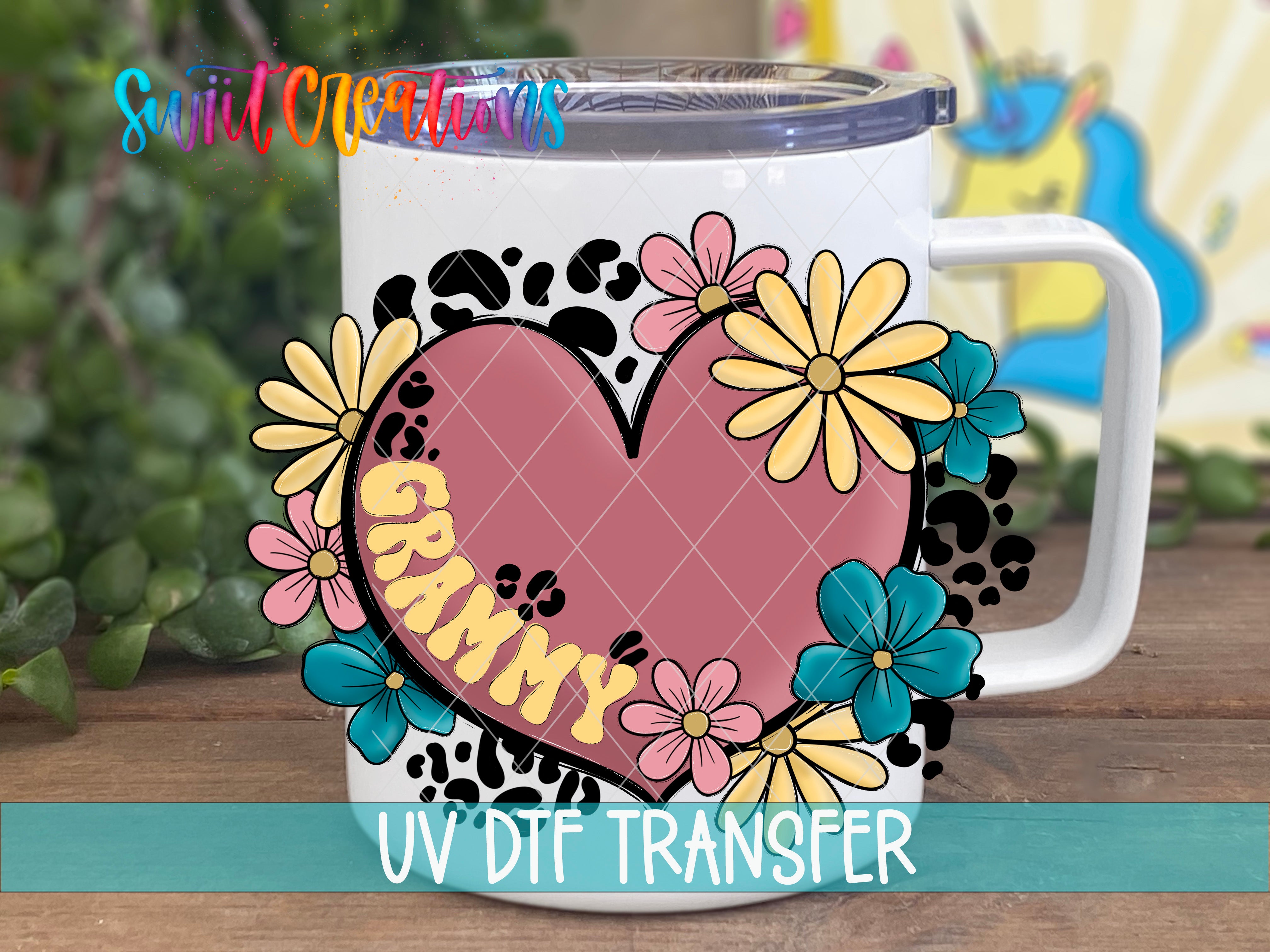 Swiit Creations UV DTF Floral Heart Grammy transfer displayed on a white coffee mug