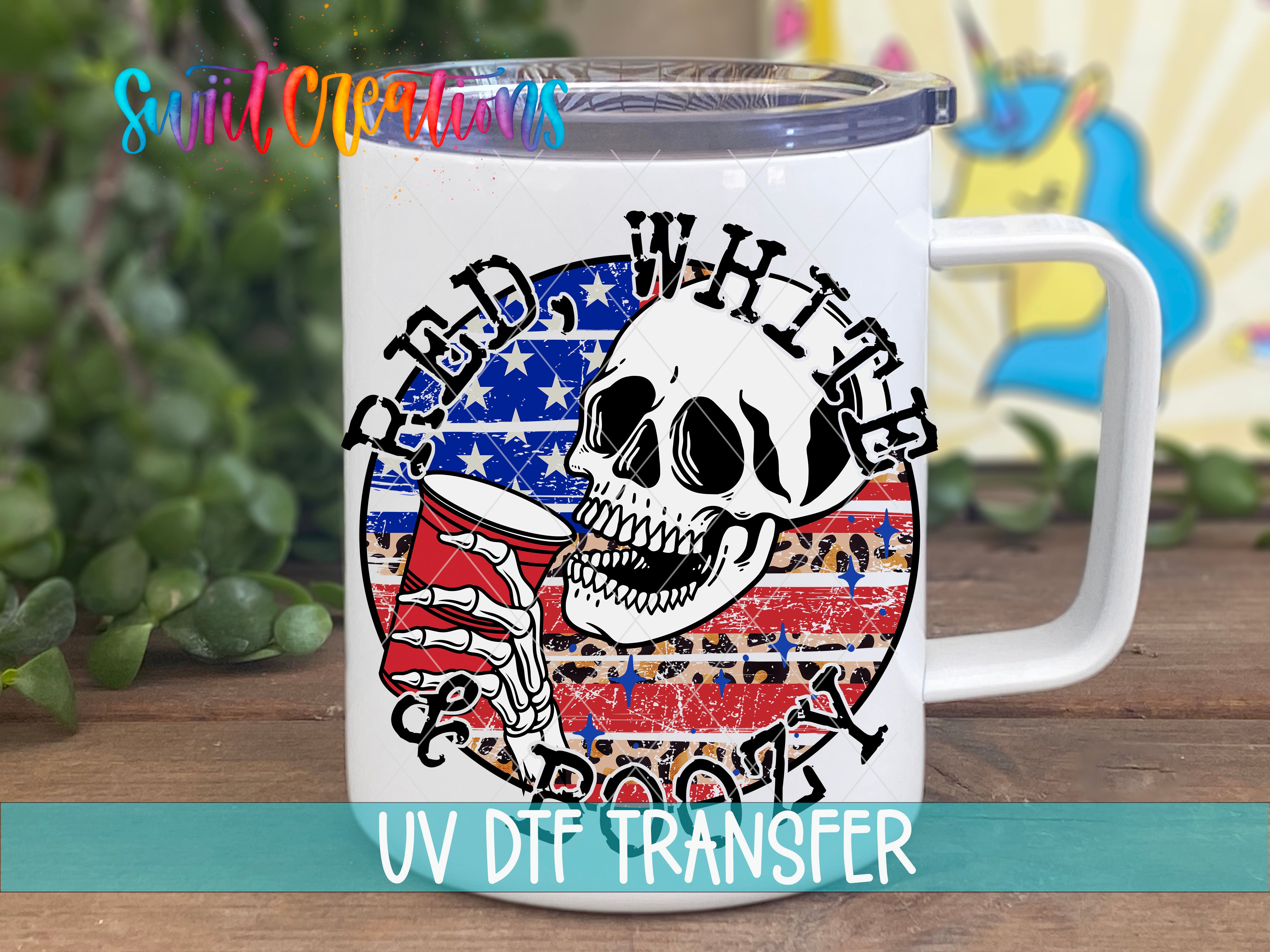 Swiit Creations UV DTF Red White And Boozy Skull transfer displayed on a white coffee mug
