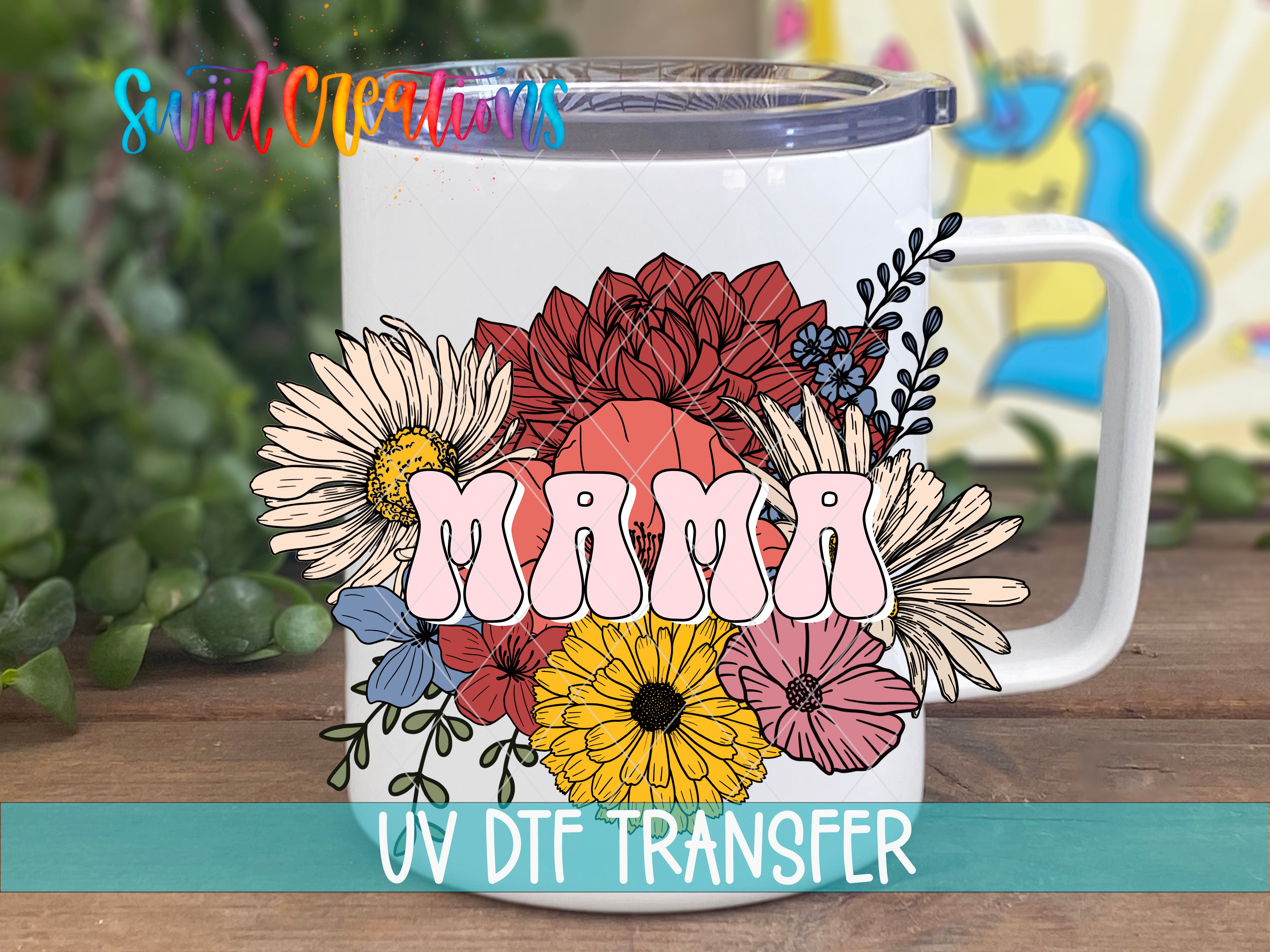 Swiit Creations UV DTF retro Mama floral transfer on a white coffee mug mockup