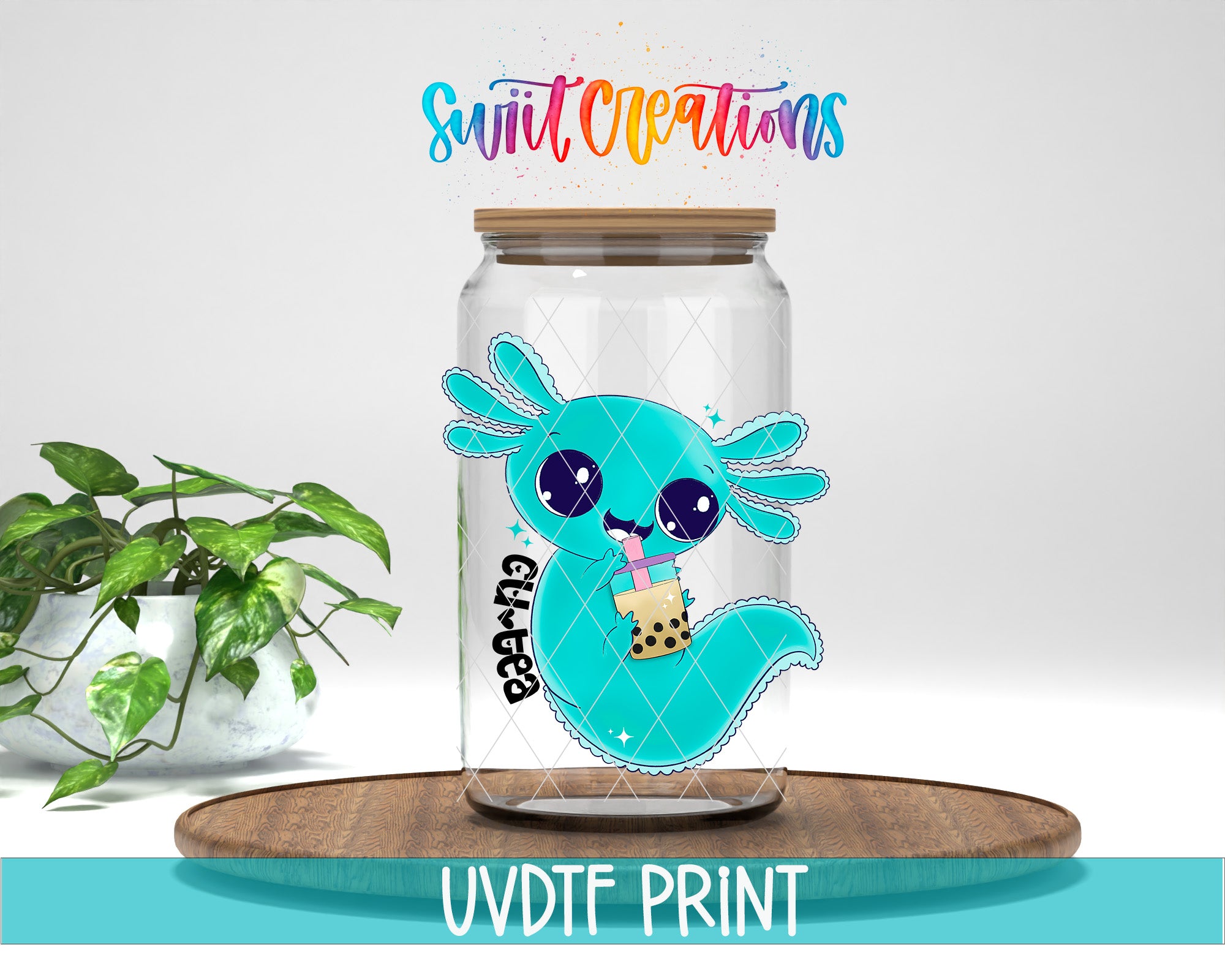 A glass jar with a cartoon image of a blue alligator drinking from a straw, placed on a wooden surface next to a potted plant.