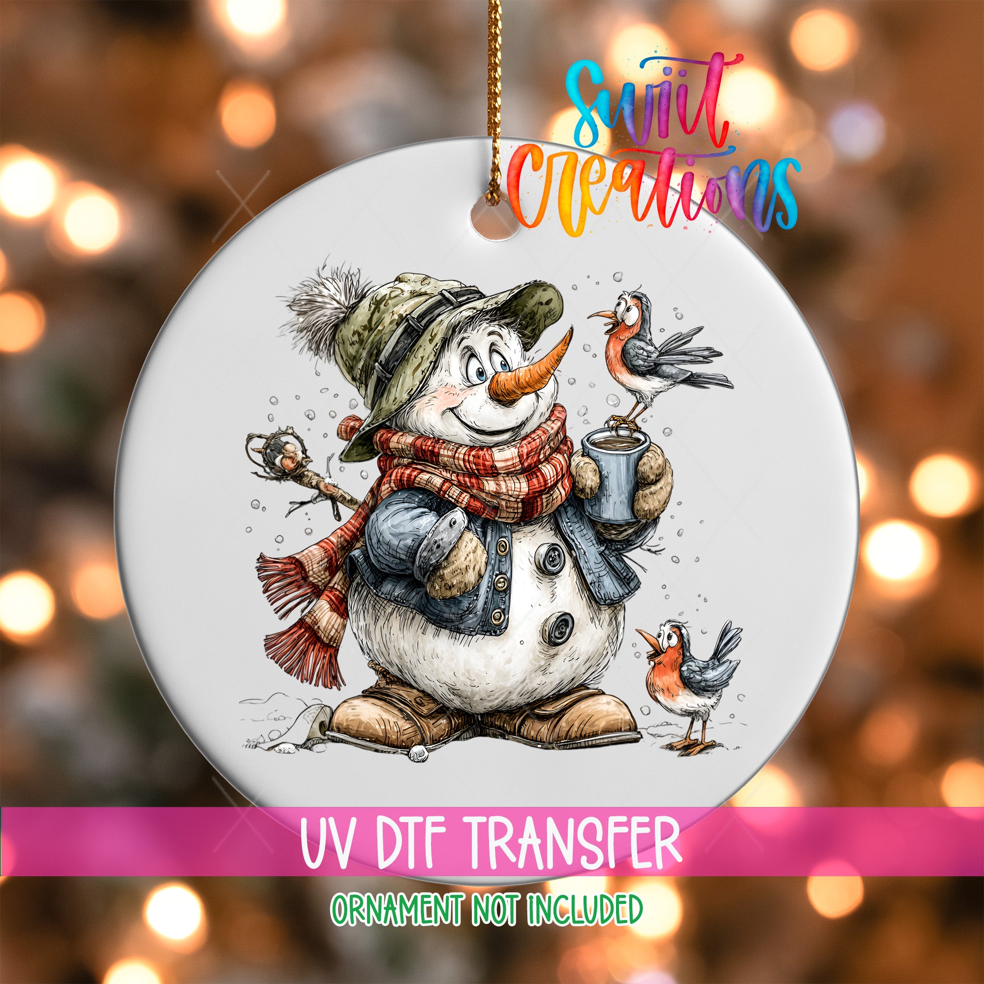 A snowman ornament with a bird perched on its shoulder, wearing a scarf and hat, and holding a cup, against a background of colorful lights.