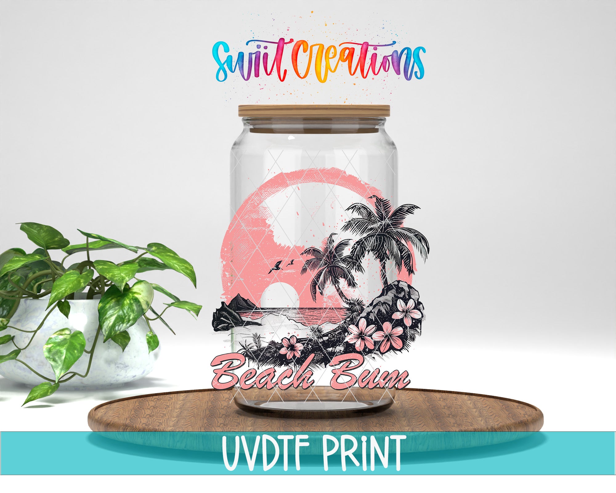 a glass jar with a tropical beach scene printed on it, placed on a wooden surface.