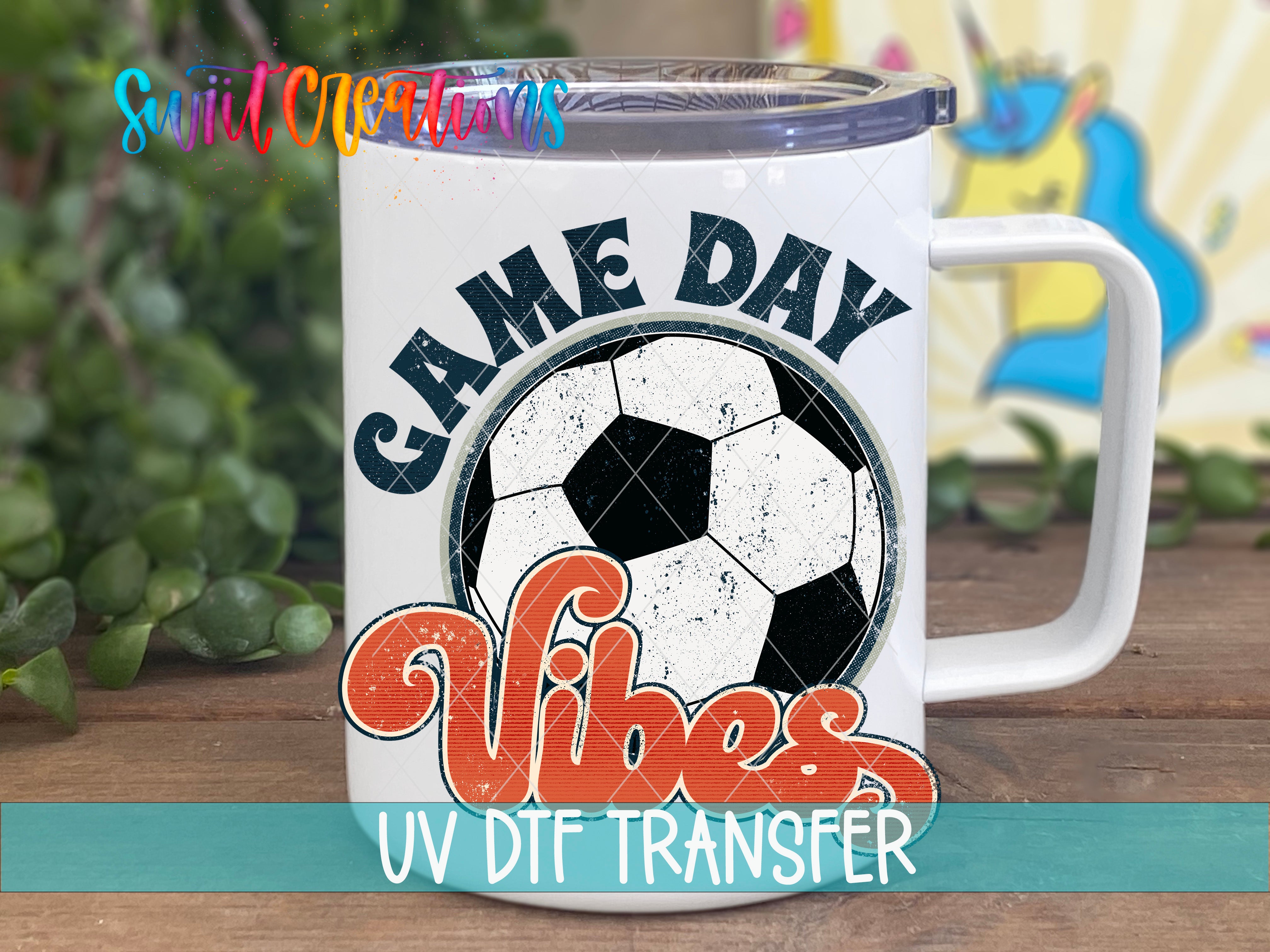 Swiit Creations Soccer Game Day Vibes UV DTF transfer displayed on a white coffee mug