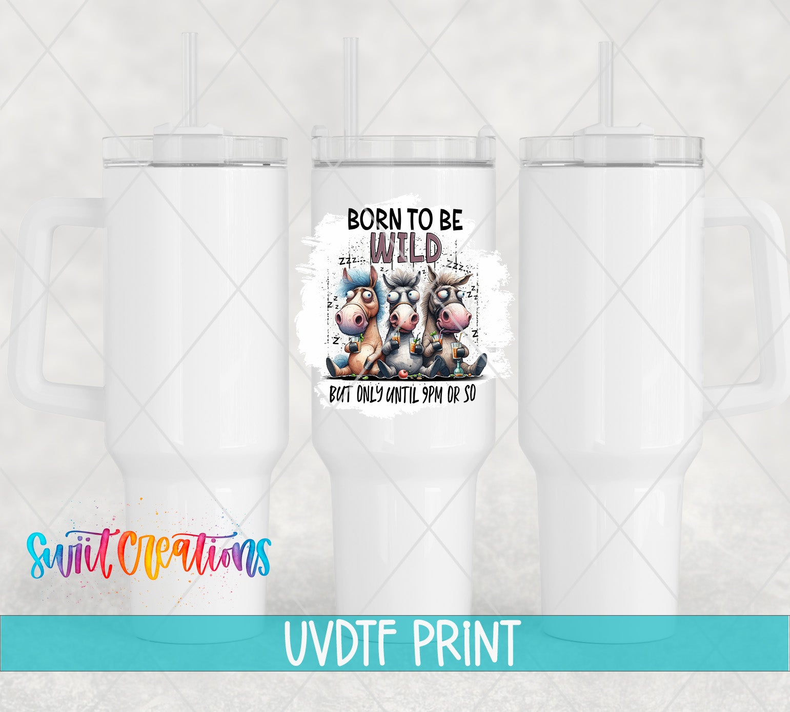 The image is a promotional image for a UVDTF Print product, featuring a design of three white tumblers with a colorful, whimsical illustration of three cartoon animals.