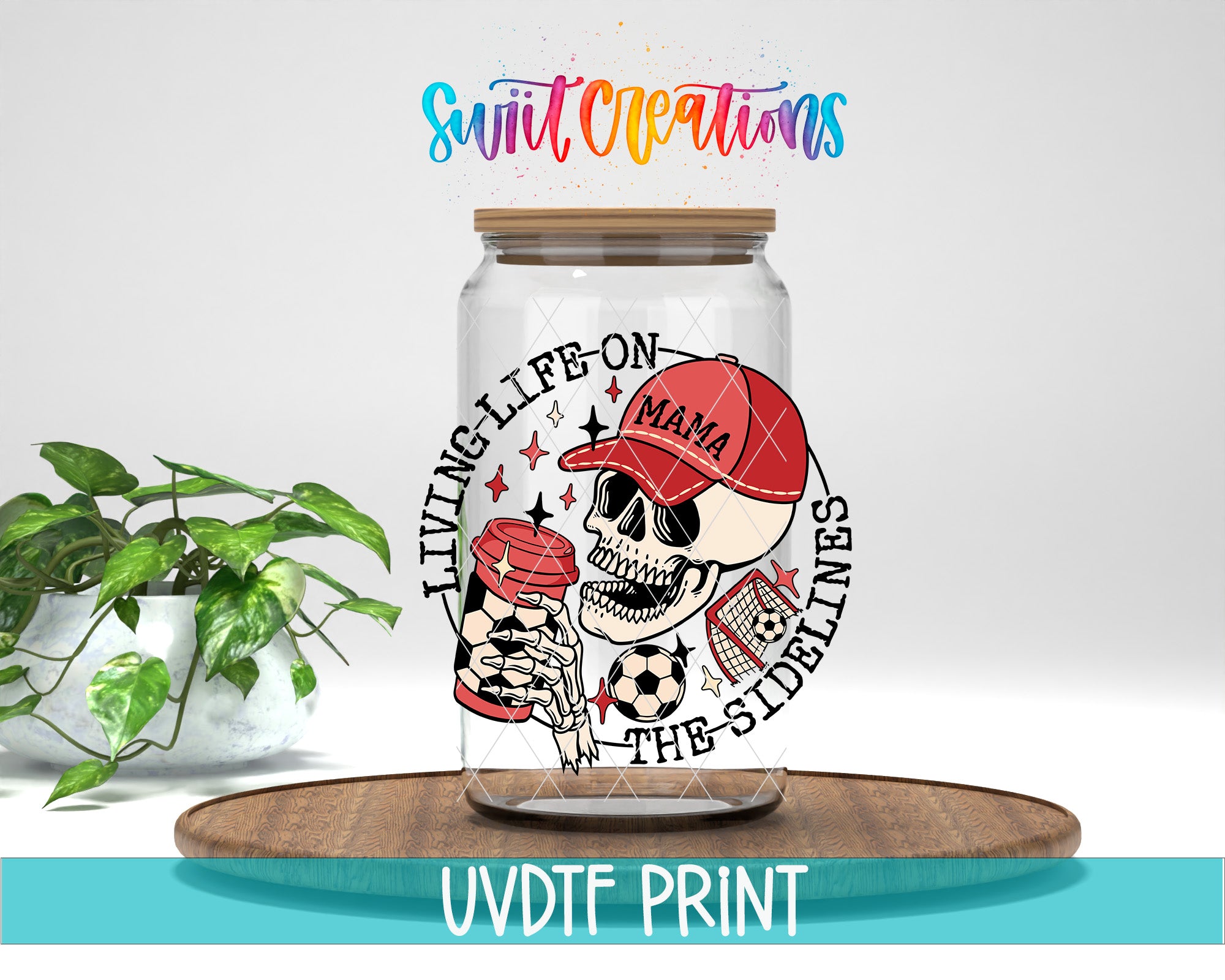 a glass jar with a skull wearing a red cap and holding a red cup, surrounded by various sports-related elements such as a soccer ball and a tennis racket.