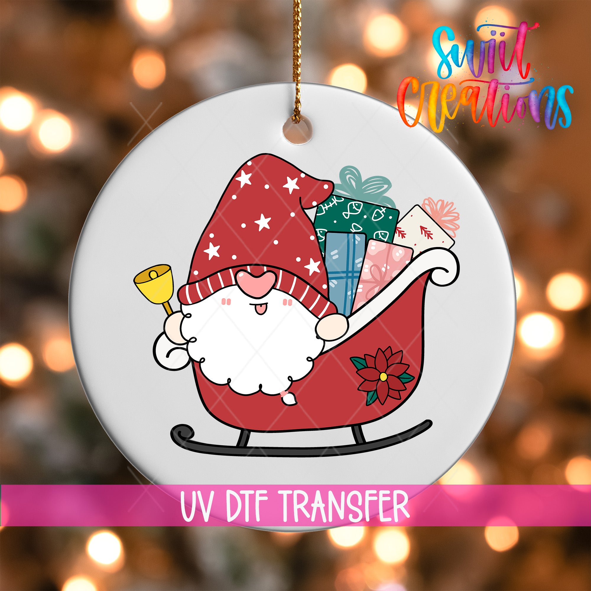 A white ornament with a cartoon illustration of a gnome riding a sled, holding presents and a bell.