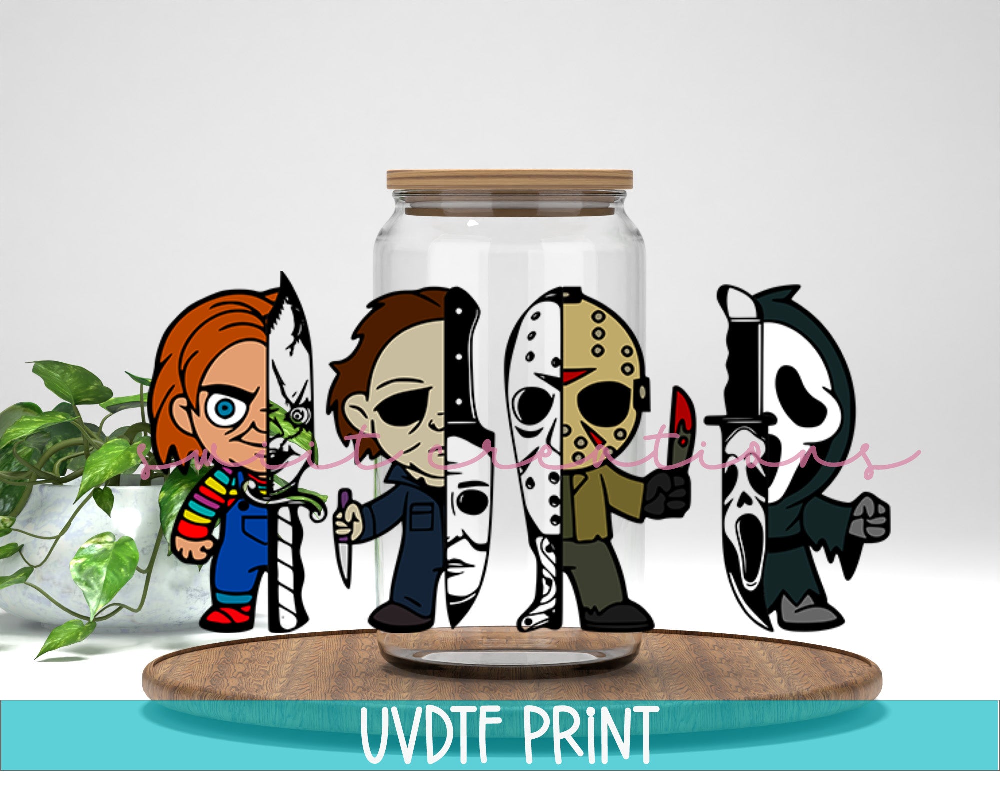 a glass jar with three cartoon characters inside of it