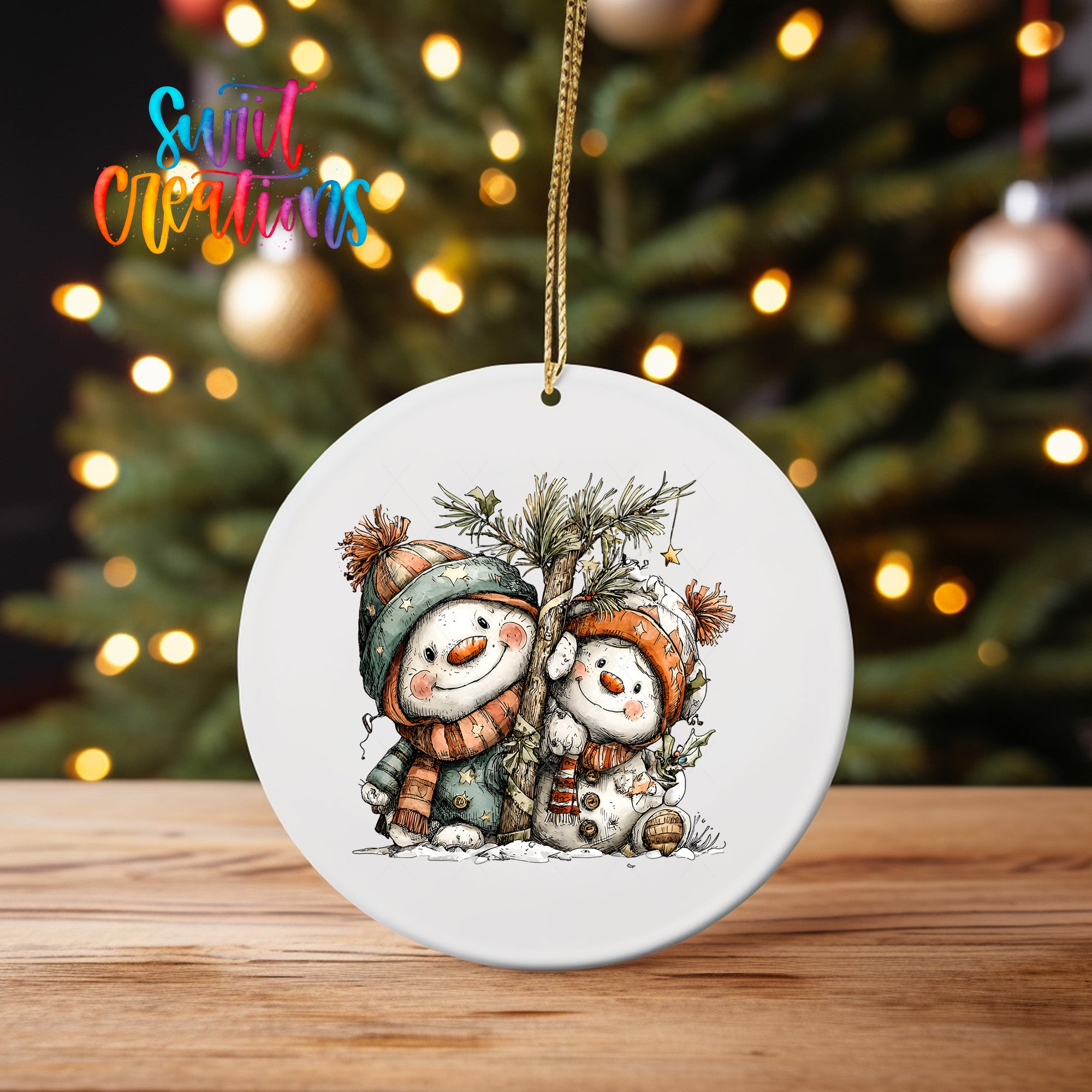 A white ornament featuring two snowmen sitting next to each other, with a Christmas tree in the background.