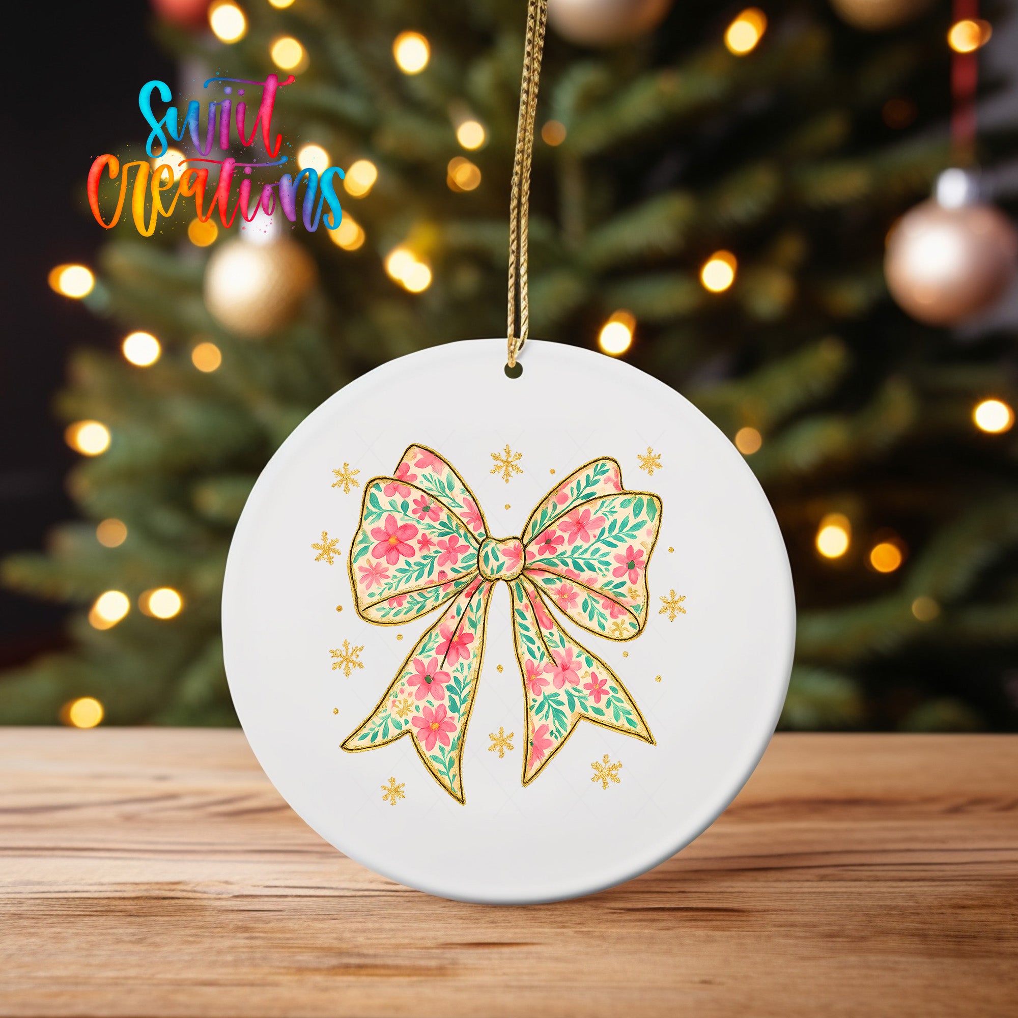A white ceramic ornament with a floral bow design and gold accents, hanging on a string against a blurred background of a Christmas tree with twinkling lights.