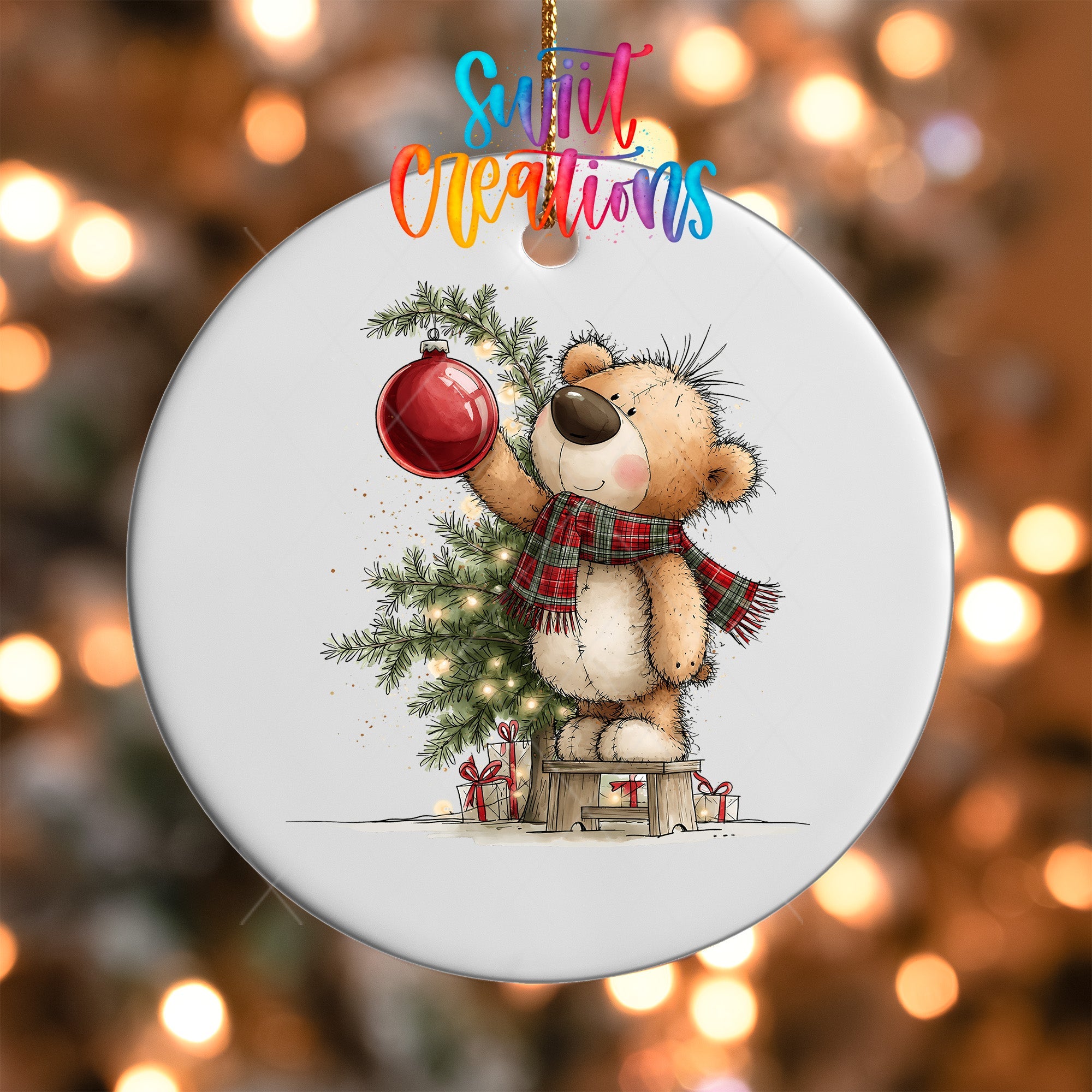 Christmas Tree Teddy Bear Ornament UV DTF Transfer | Plaid Scarf Bear Hanging a Red Bauble | O-2174 - Swiit Creations