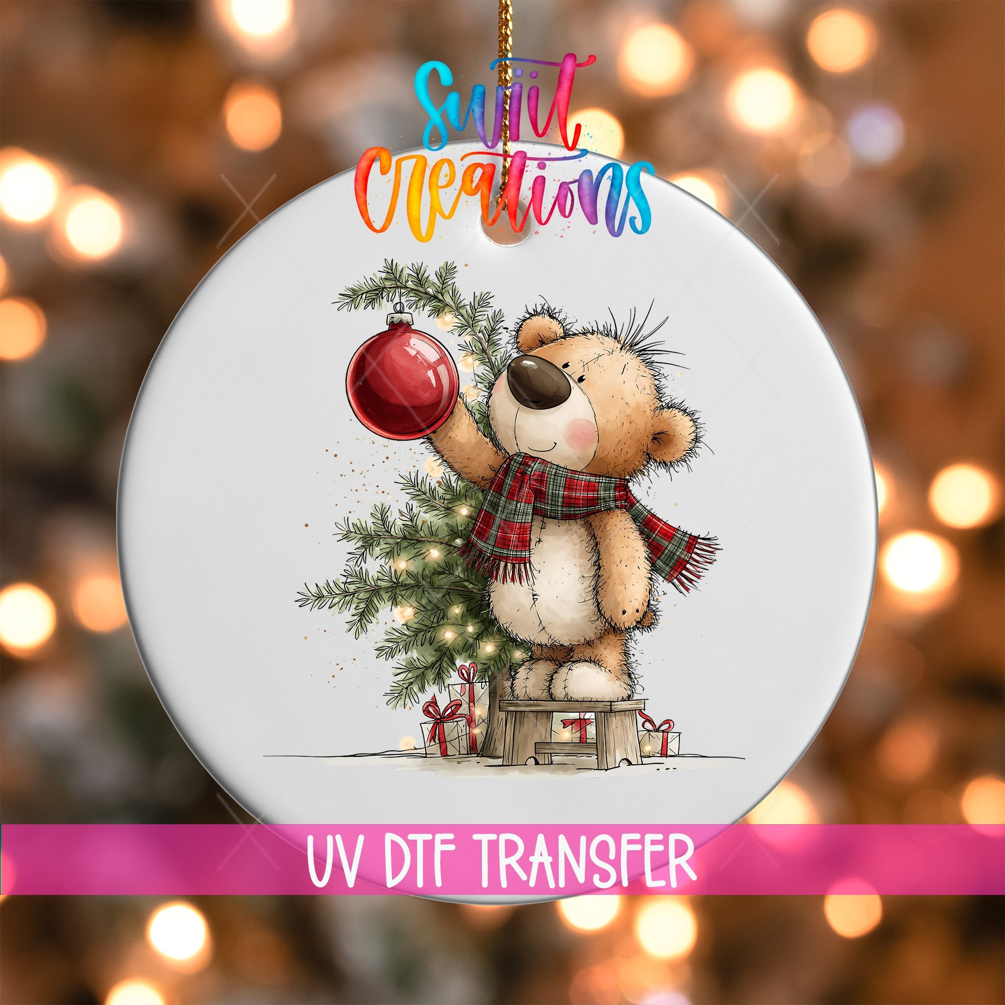 Christmas Tree Teddy Bear Ornament UV DTF Transfer | Plaid Scarf Bear Hanging a Red Bauble | O-2174 - Swiit Creations