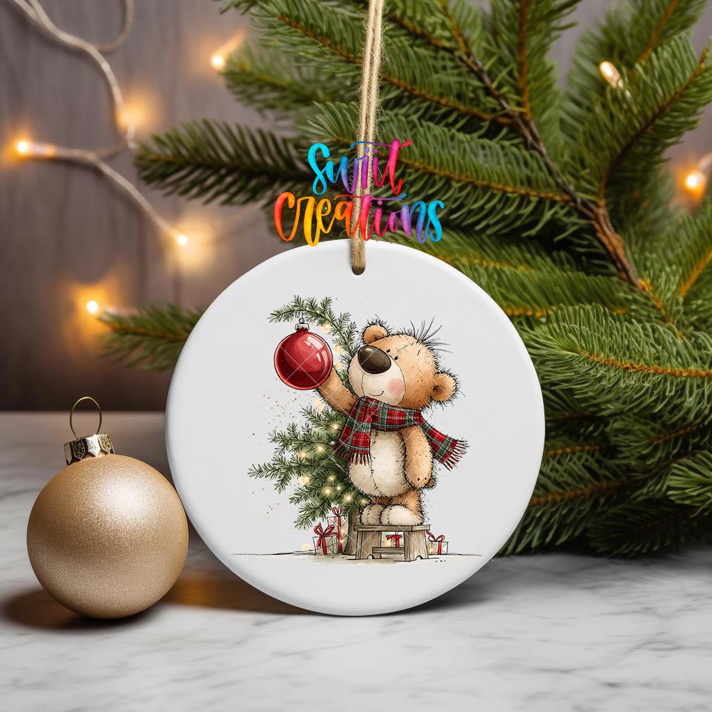 Christmas Tree Teddy Bear Ornament UV DTF Transfer | Plaid Scarf Bear Hanging a Red Bauble | O-2174 - Swiit Creations