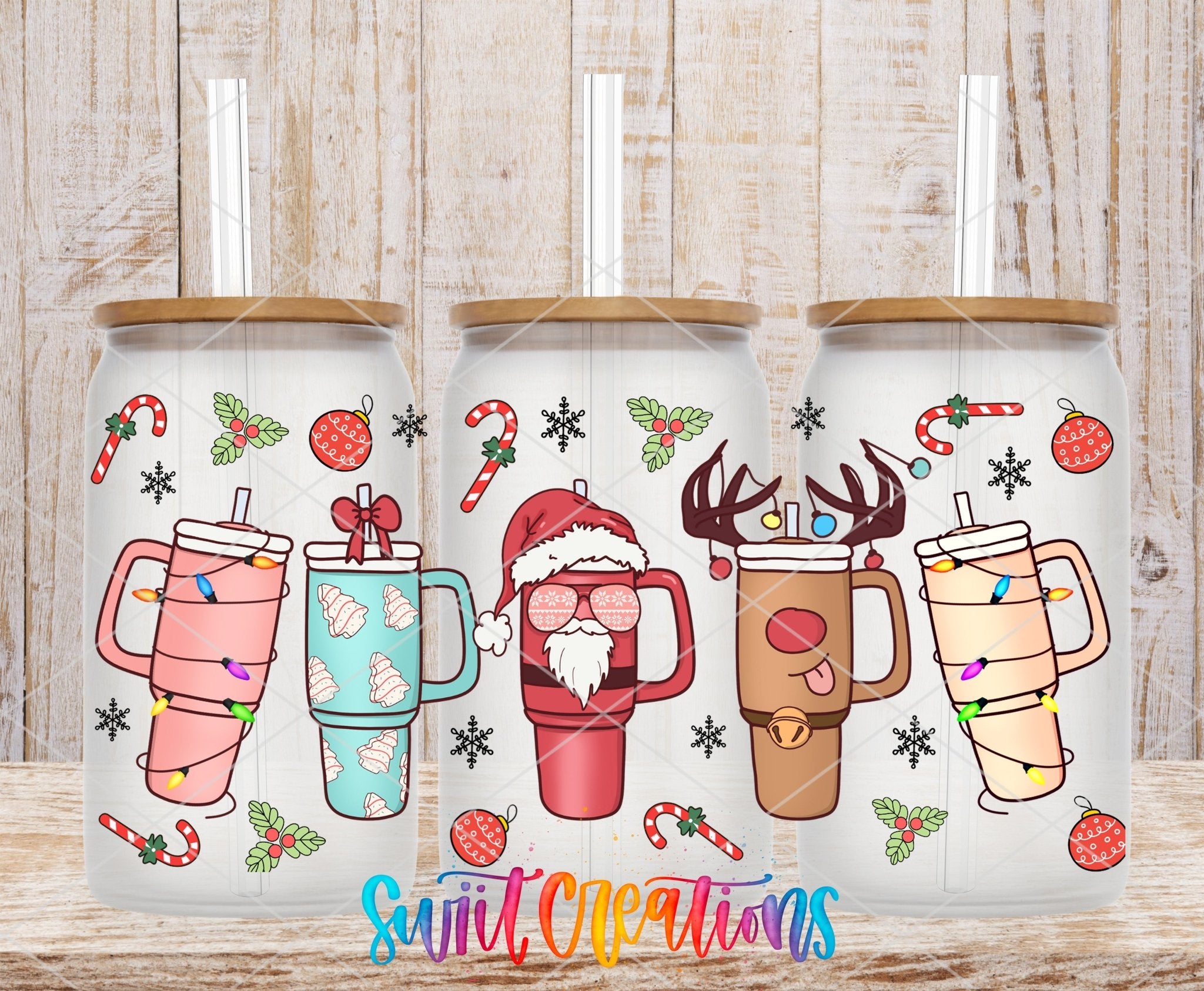 Christmas Tumblers Santa Reindeer Pastel Holiday Cups UV DTF Transfer Tumbler Wrap | DTF015 - Swiit Creations