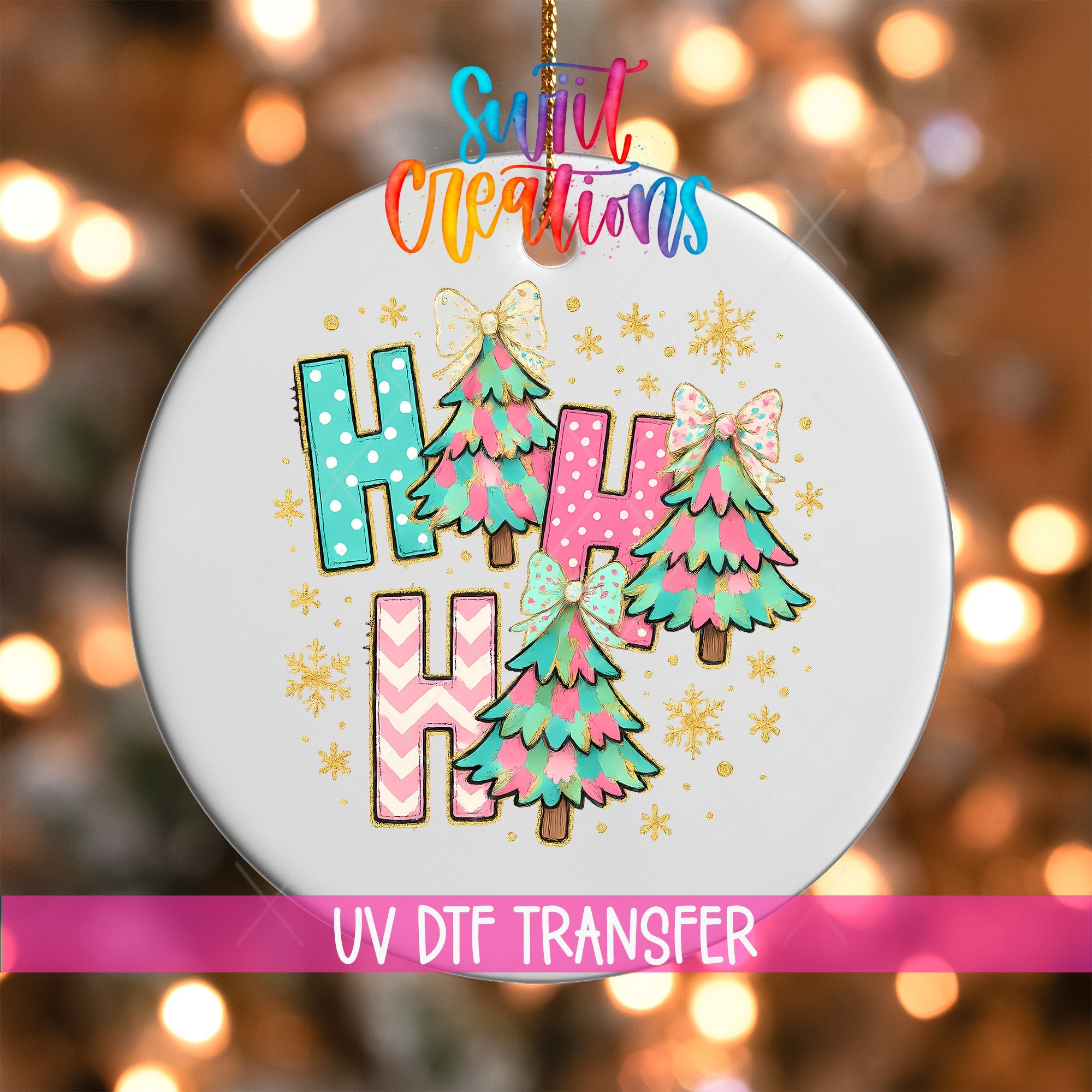 Christmas UV DTF Ornament Transfer | Colorful Trees & Glitter Bows | O-1730 - Swiit Creations