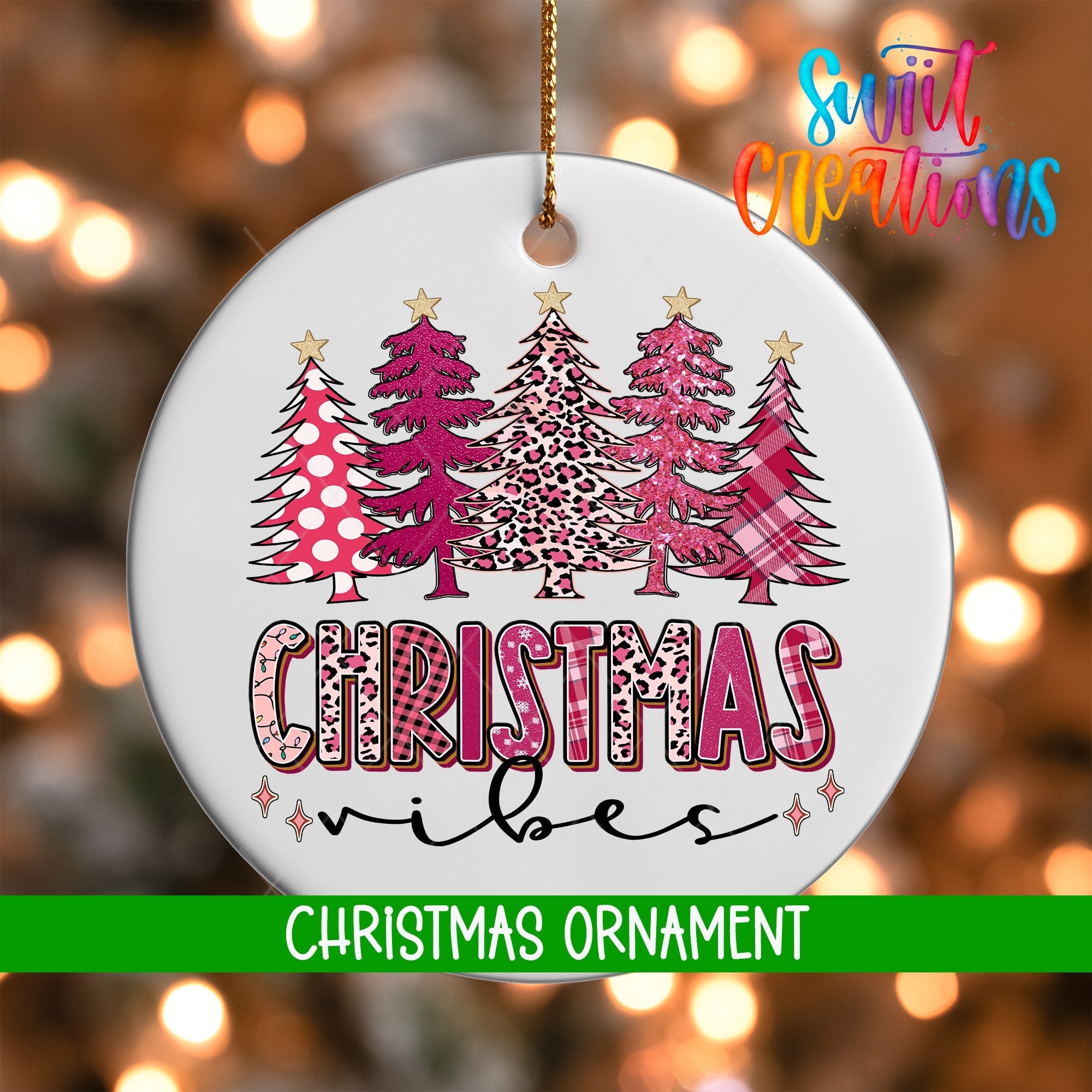 Christmas Vibes Pink Tree Ornament | Holiday Ornament | Leopard Plaid Tree Keepsake Gift | O1684 - Swiit Creations