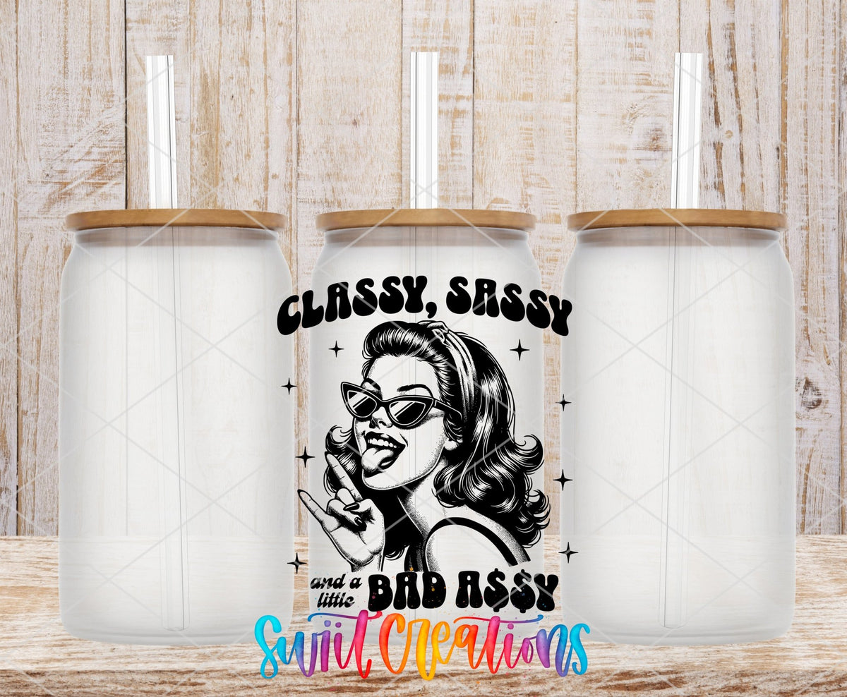 Classy Sassy Retro Black and White UV DTF transfer applied to a clear glass can set from Swiit Creations