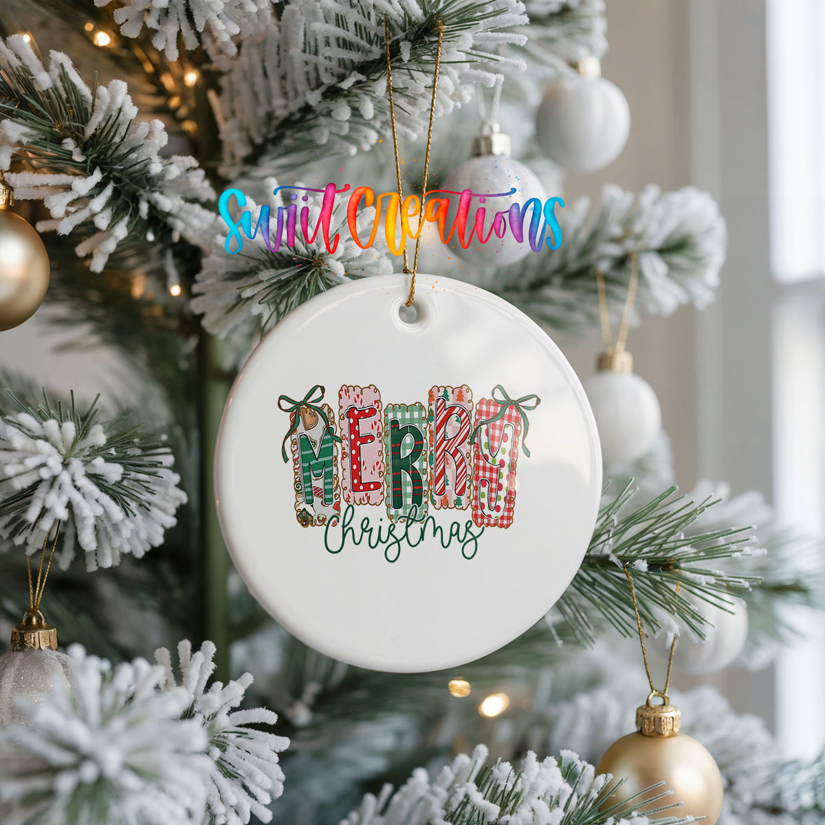 Merry and Bright Festive Bow ceramic Christmas ornament holiday product view