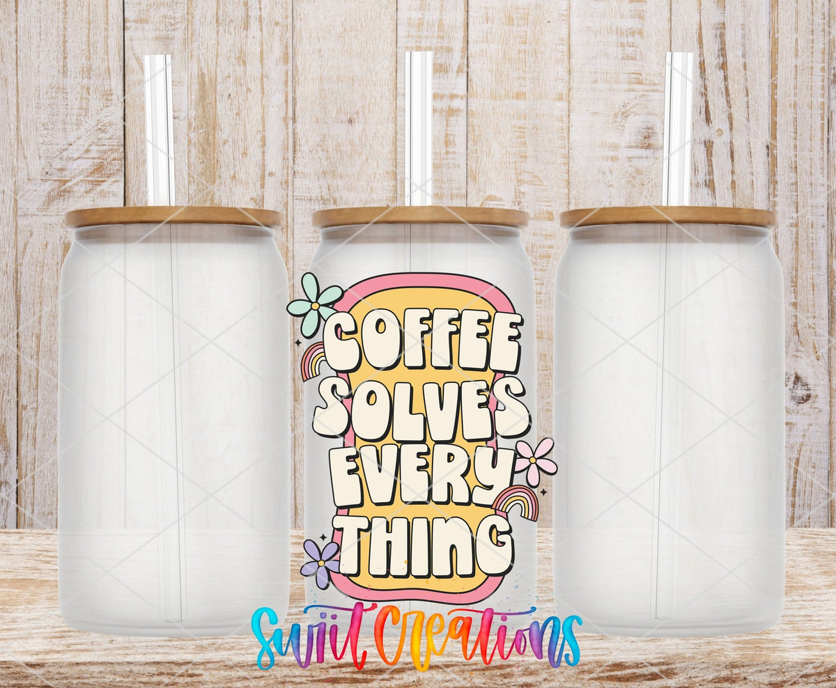 Coffee Solves Everything UV DTF transfer on frosted glass cans with bamboo lids
