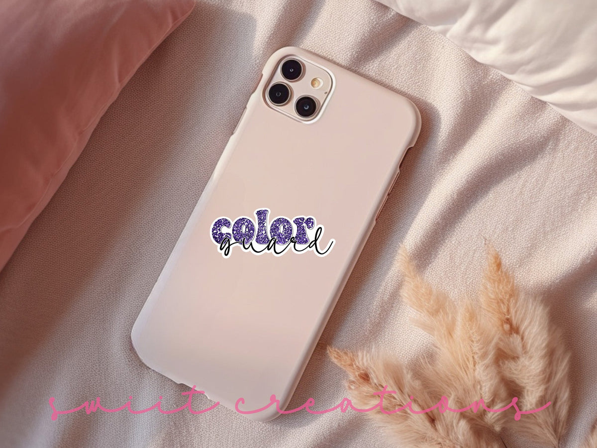Purple Glitter Color Guard sticker on a pink phone case