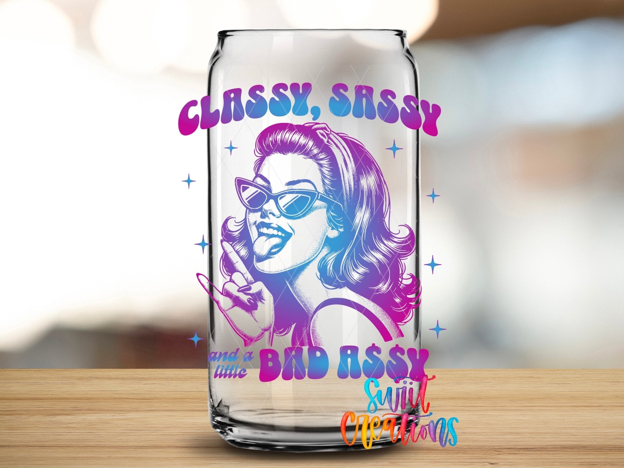 Colorful Classy Sassy Retro Gradient UV DTF transfer applied to a clear glass can from Swiit Creations